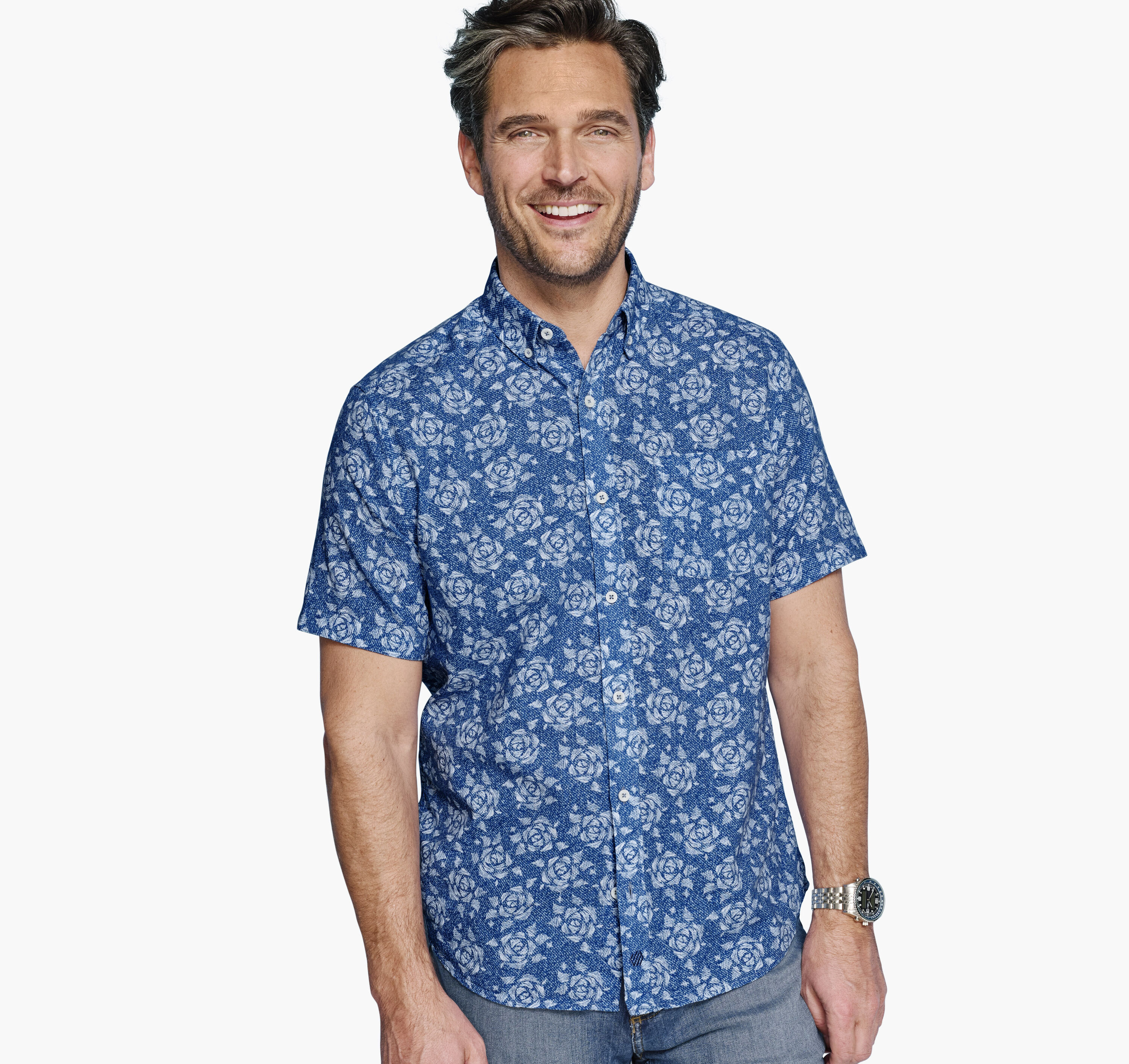 Johnston & Murphy Men's Cotton-Linen Short-Sleeve Print Shirt - Navy Rose - Size 3XL - Regular