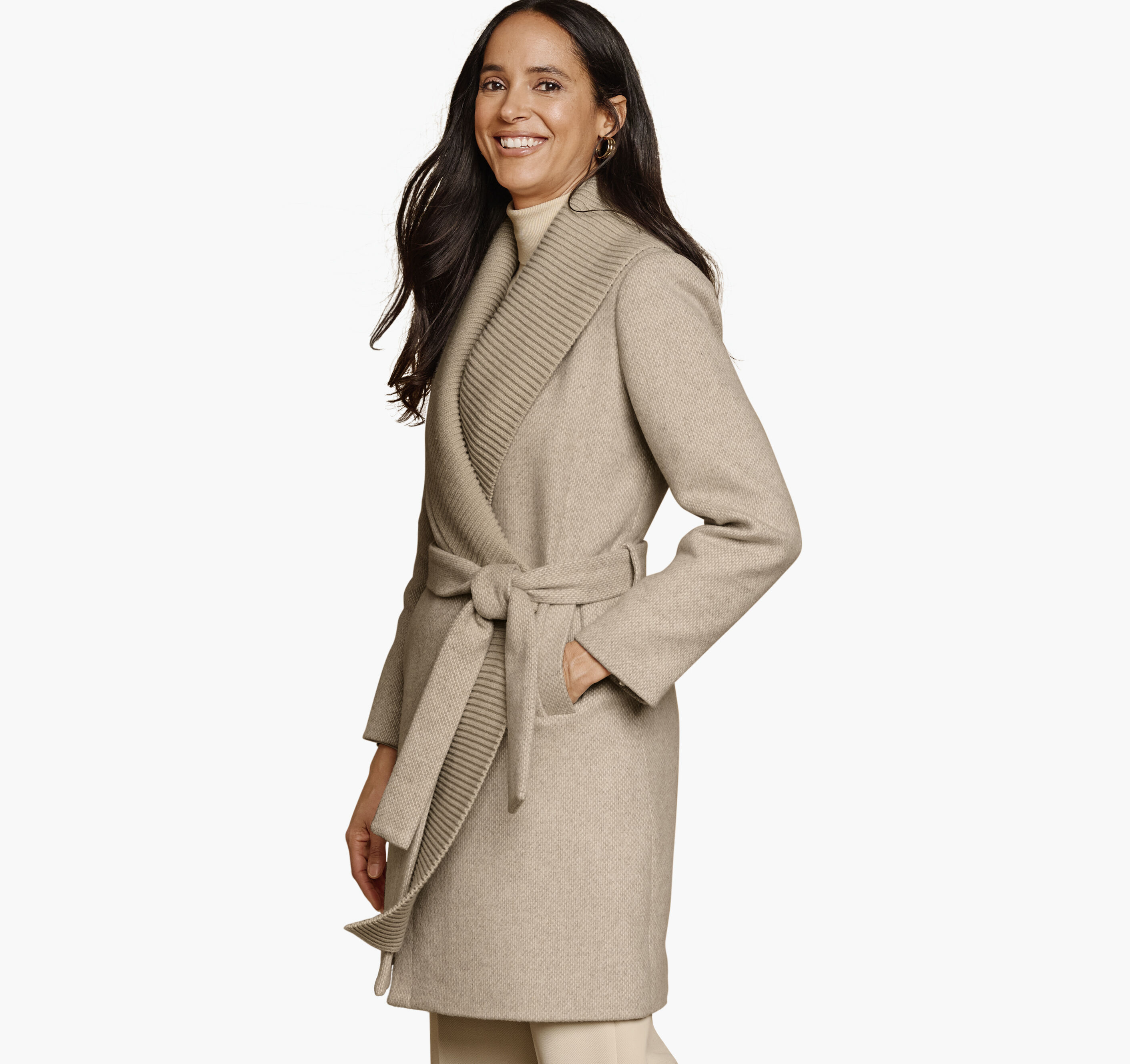 Women's Wool-Blend Coat with Removable Knit Collar in Natural