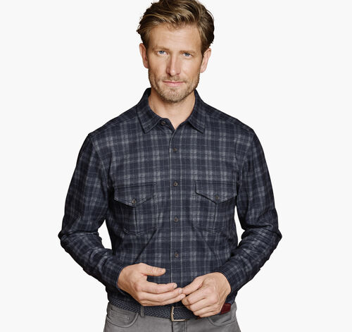 Button-Front Knit Shirt - Navy Plaid
