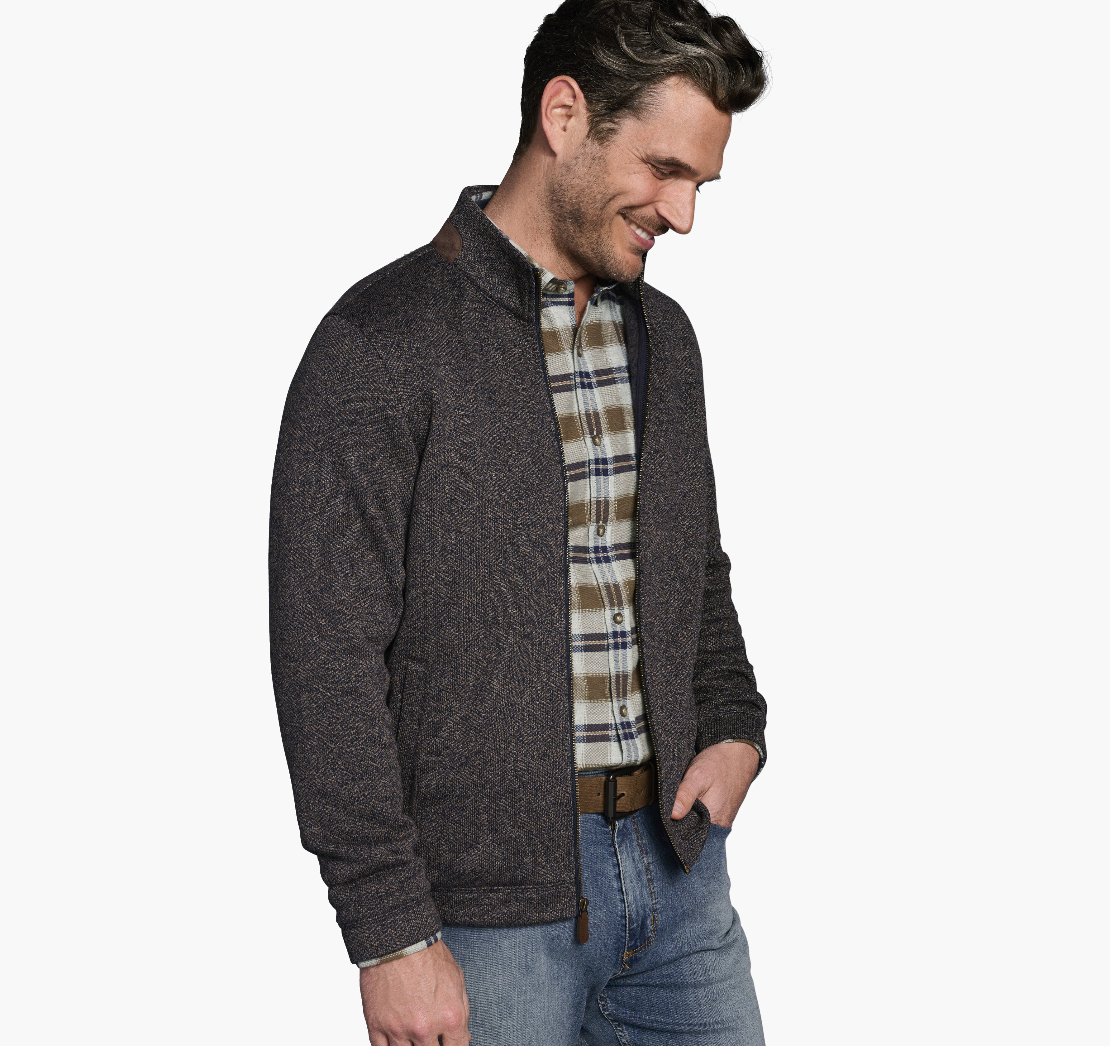 Men's Marled Ribbed Full Zip in Navy/Brown | Johnston & Murphy