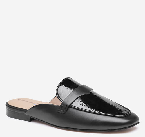 Isabel Penny Mule - Black Glove Leather/Crinkled Patent Faux Leather