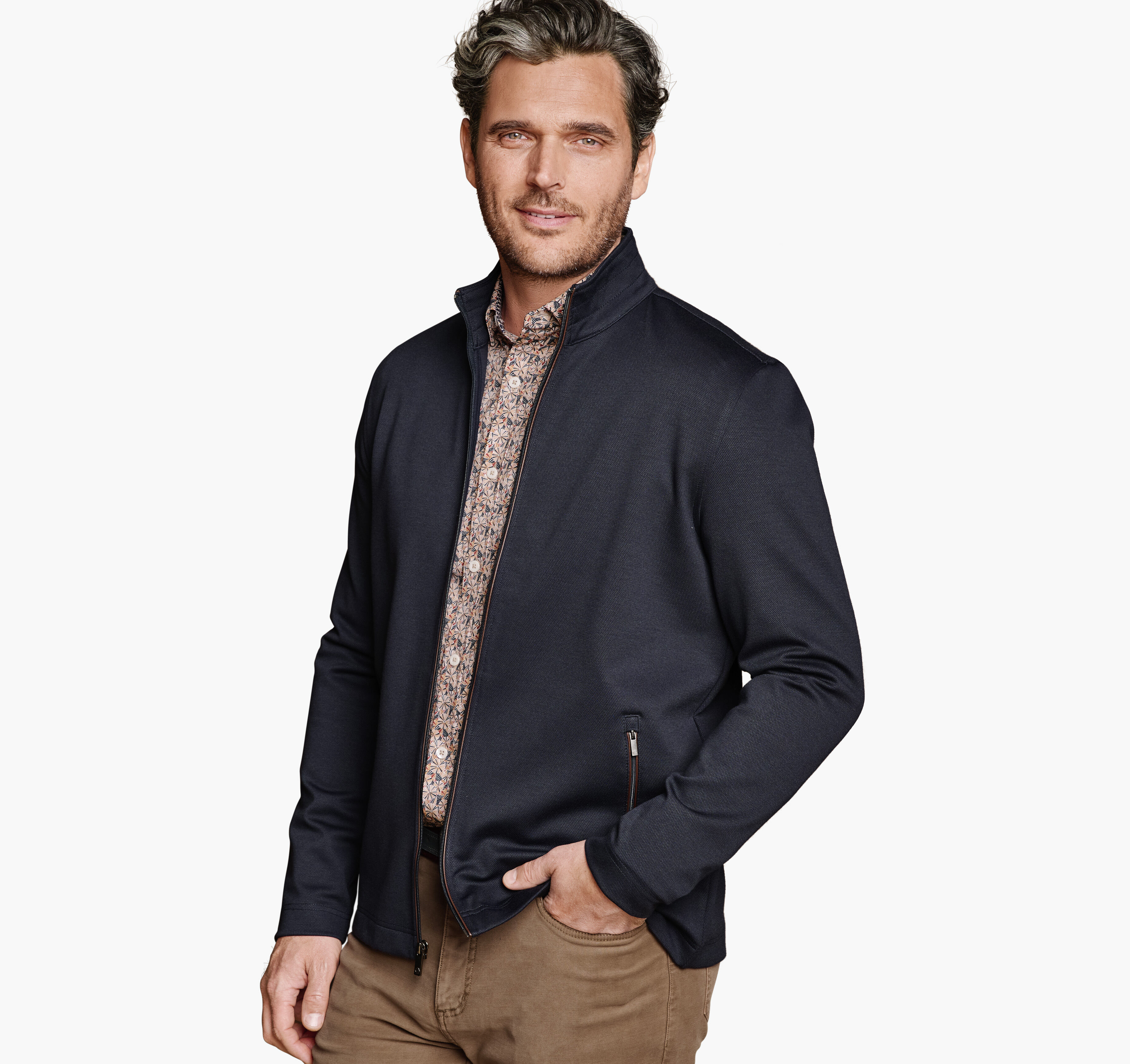 Men's Textured Solid Full Zip in Navy | Johnston & Murphy