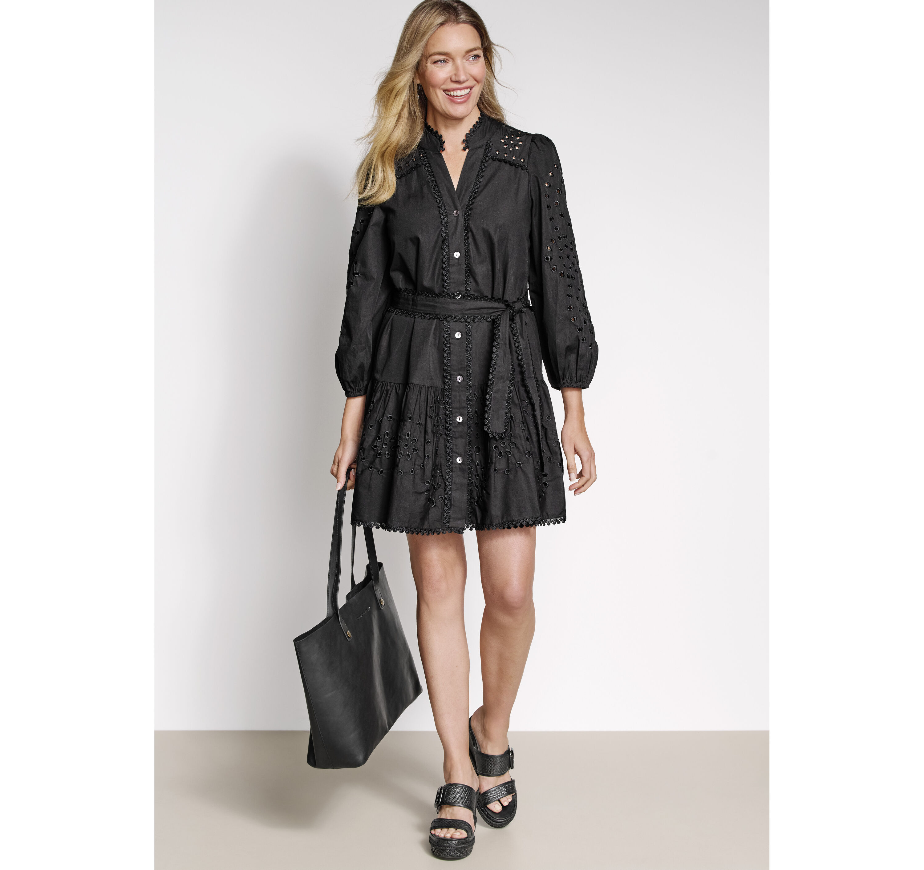 Johnston & Murphy Women's Button-Front Eyelet Dress - Black - Size S - Regular