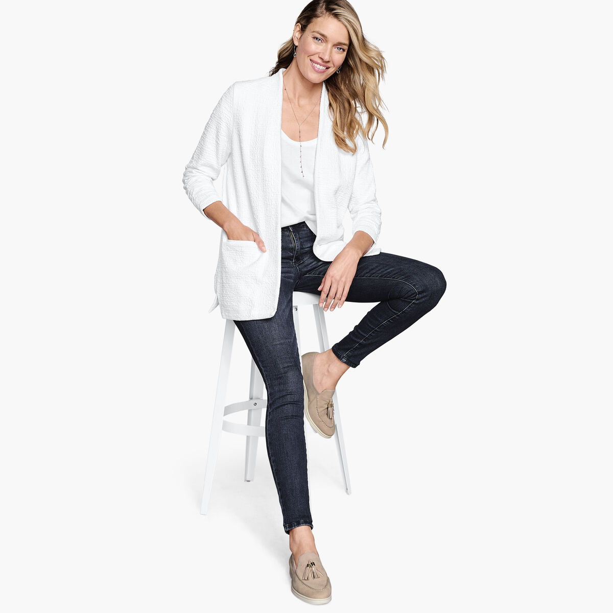 Ruched-Sleeve Knit Blazer image number null