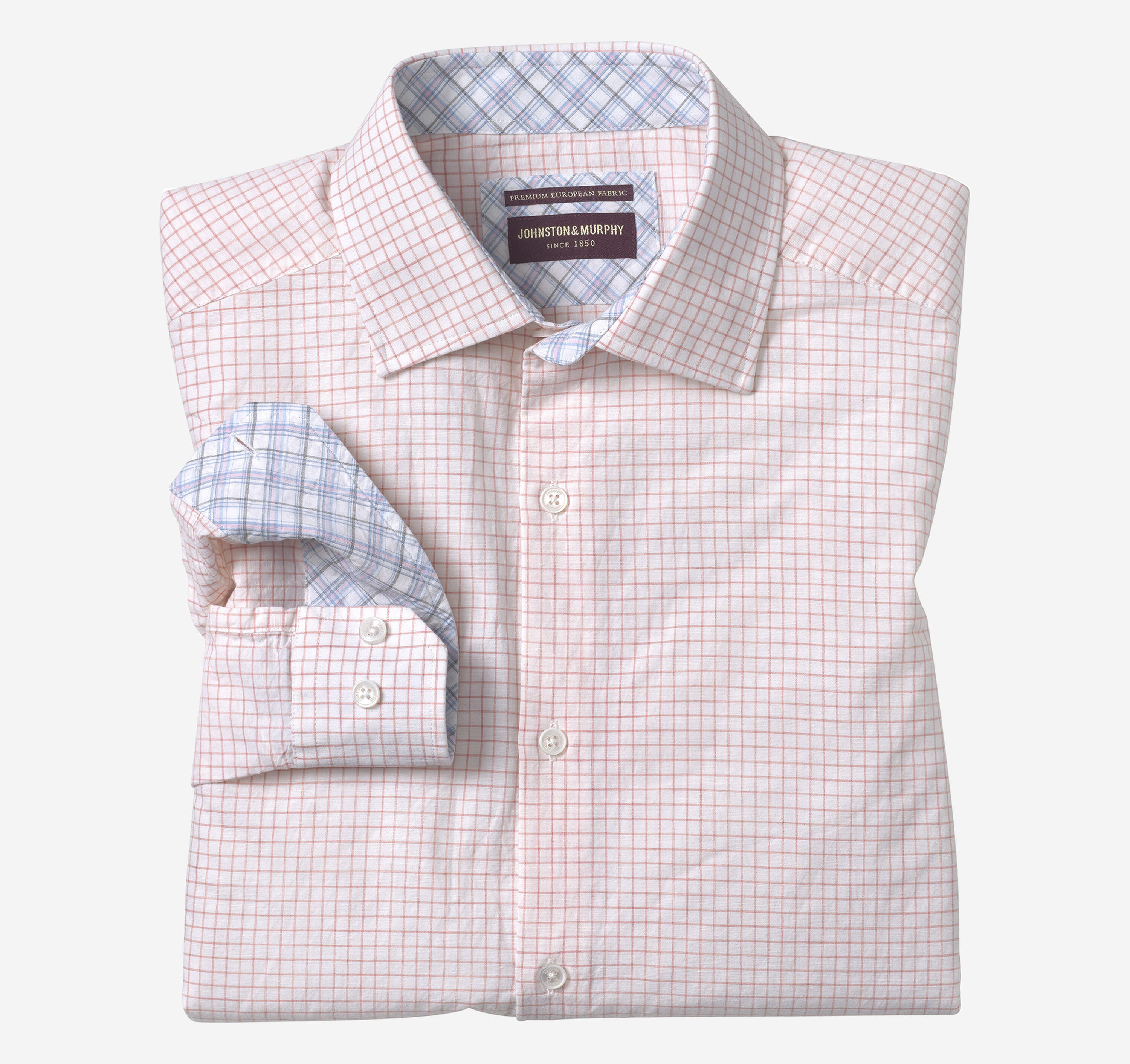 Johnston & Murphy Men's Linen-Blend Dress Shirt - White/Pink Windowpane - Size XXL - Regular