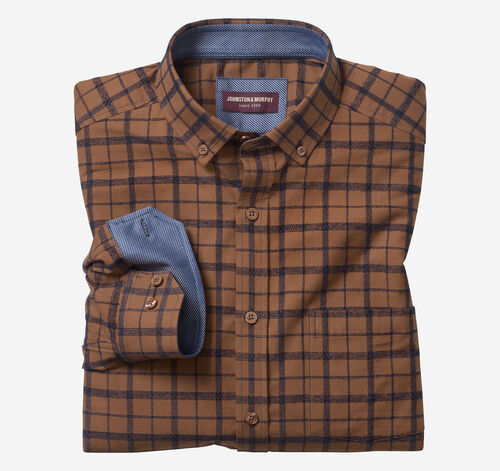 Long-Sleeve Twill Checked Shirt - Rust/Navy Plaid Chenille