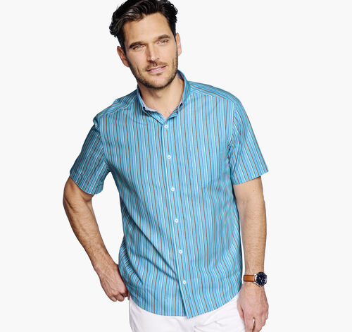 Printed Cotton Short-Sleeve Shirt - Turquoise Stripe