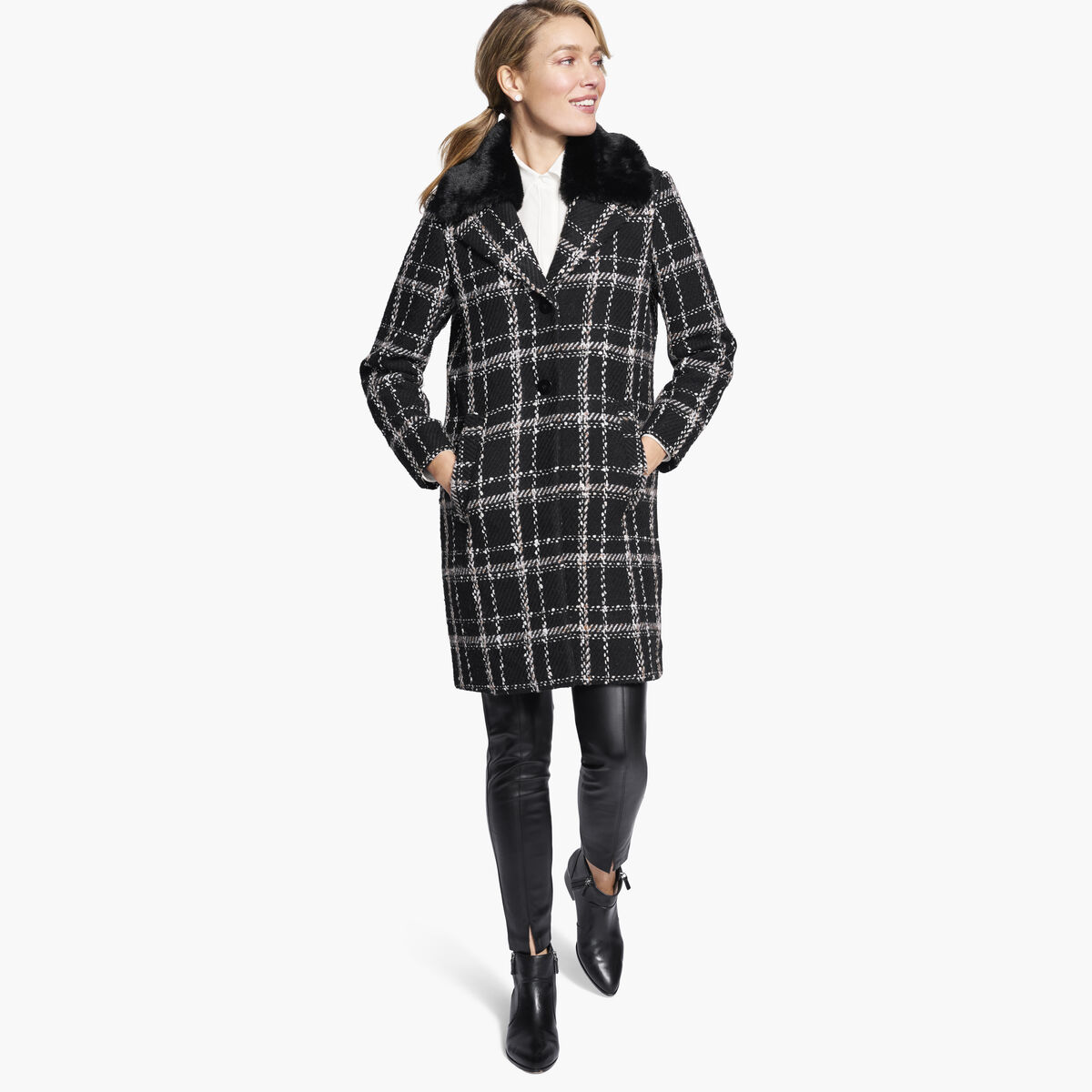 Plaid Coat with Removable Faux-Fur Collar image number null