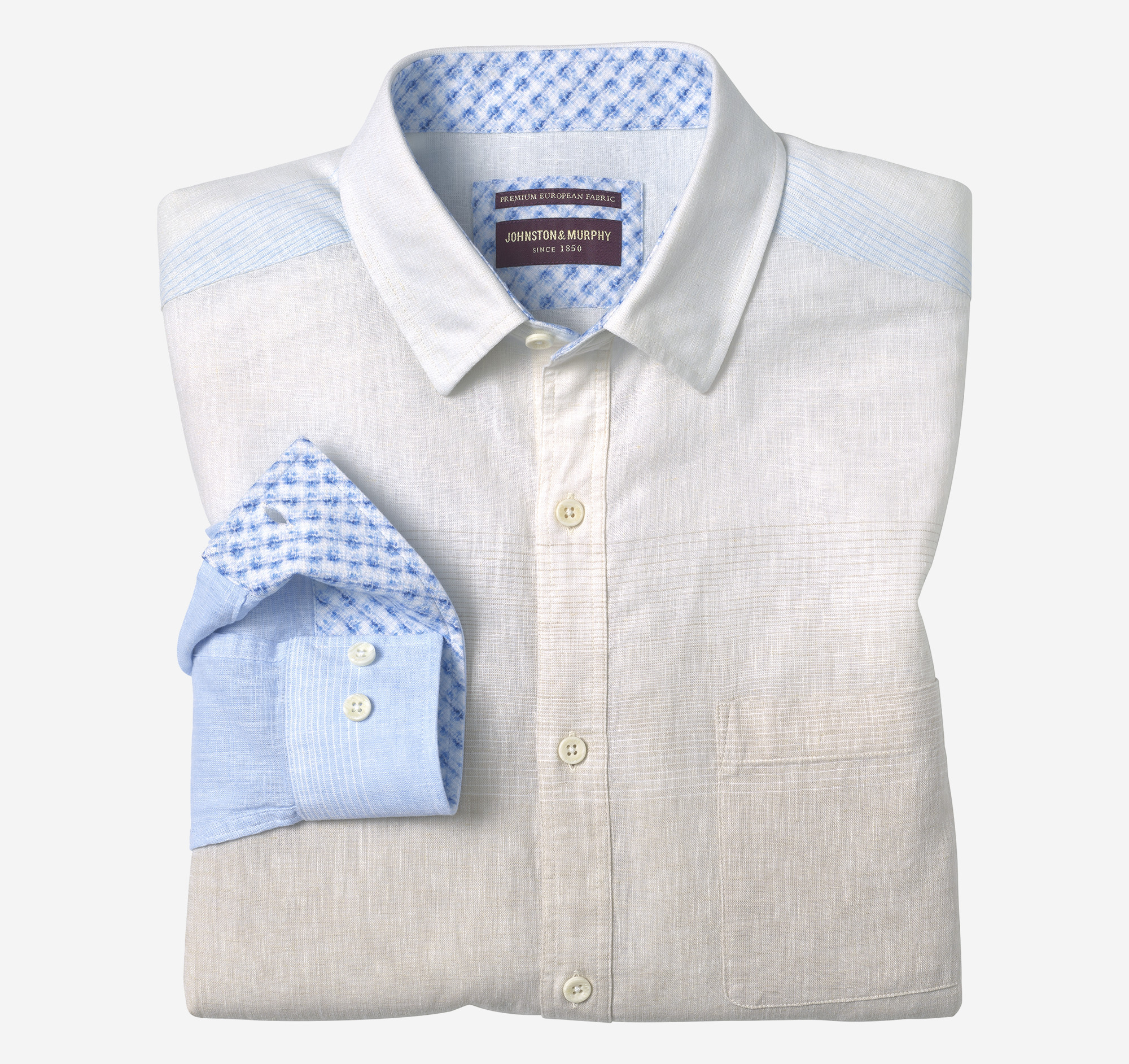 Johnston & Murphy Men's Washed Linen-Blend Shirt - Tan/Blue Ombré - Size M - Regular