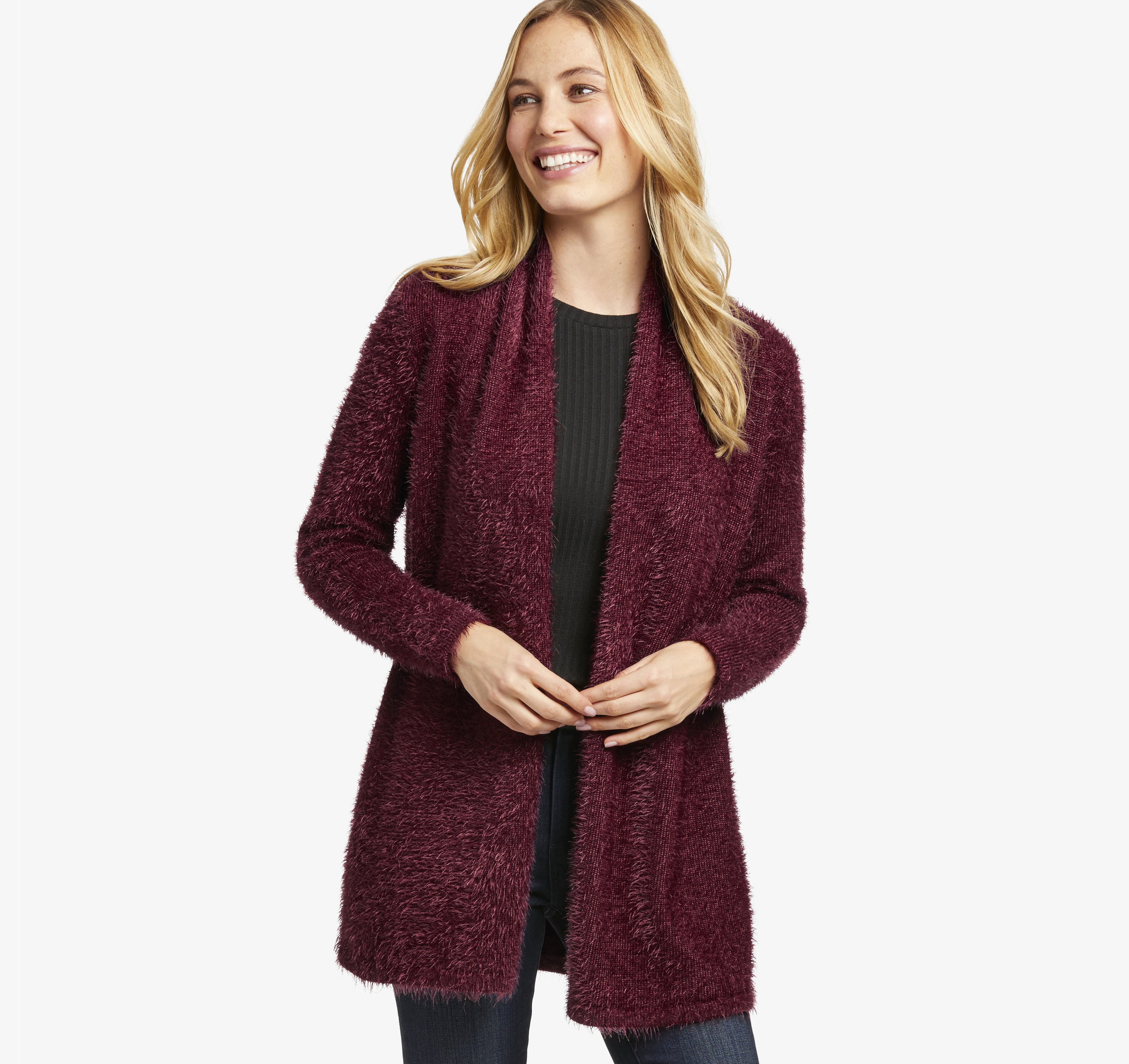 Image of Johnston & Murphy Women's Eyelash-Yarn Cardigan - Burgundy - Size L