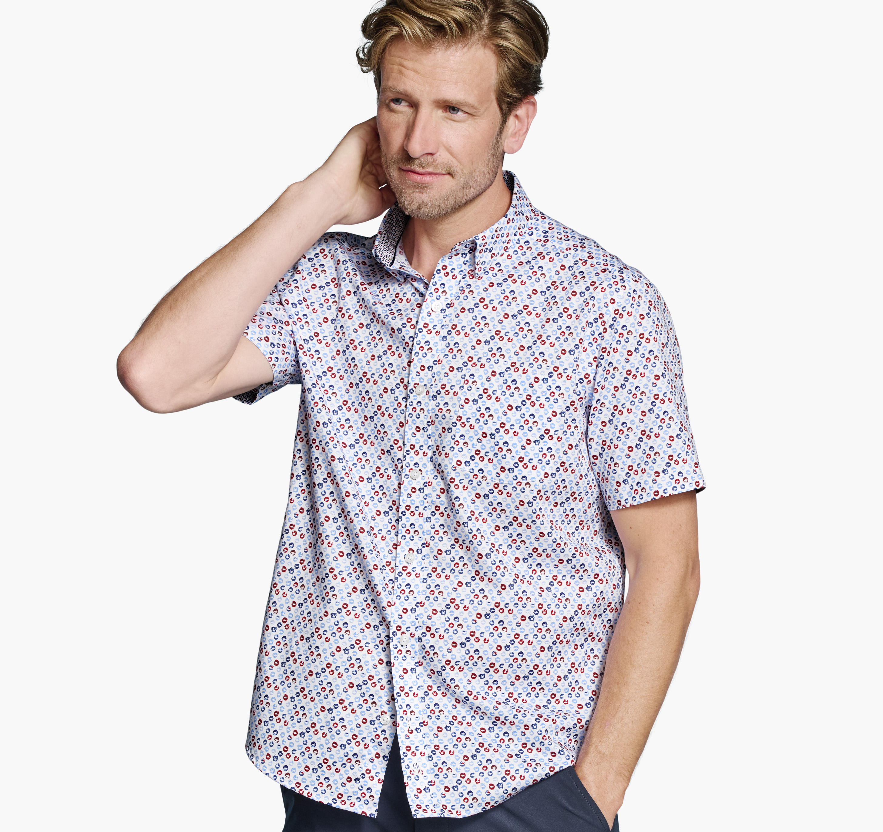 Johnston & Murphy Men's Logan Printed Short-Sleeve Shirt - Blue/Red Ocean Icons - Size XXL - Regular