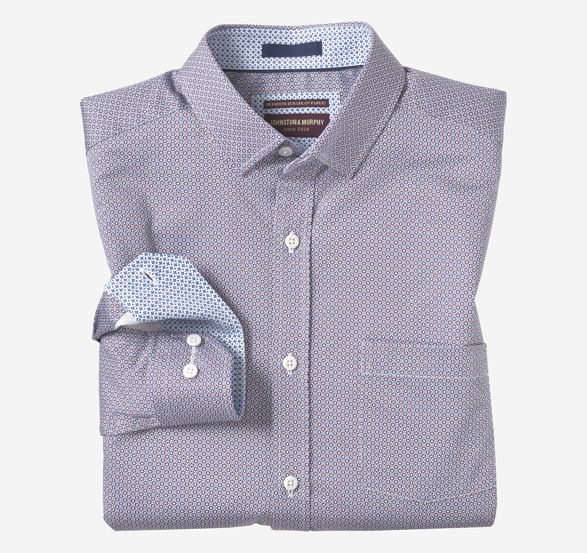 Johnston & Murphy Men's Logan Printed Long-Sleeve Shirt - Blue/Burgundy Mini Burst - Size L - Regular