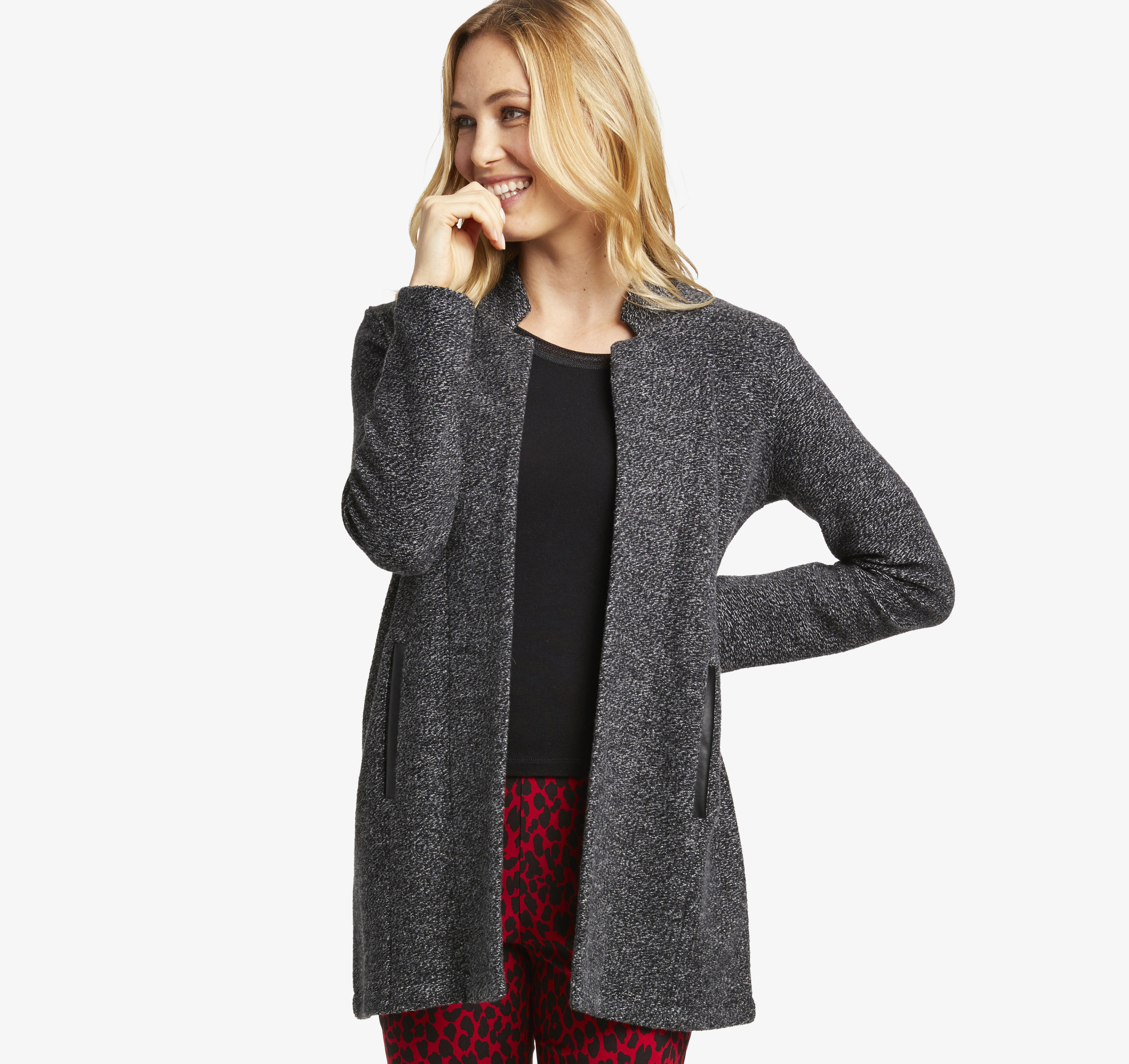 Image of Johnston & Murphy Women's Marled Open-Front Cardigan - Black/Charcoal - Size M