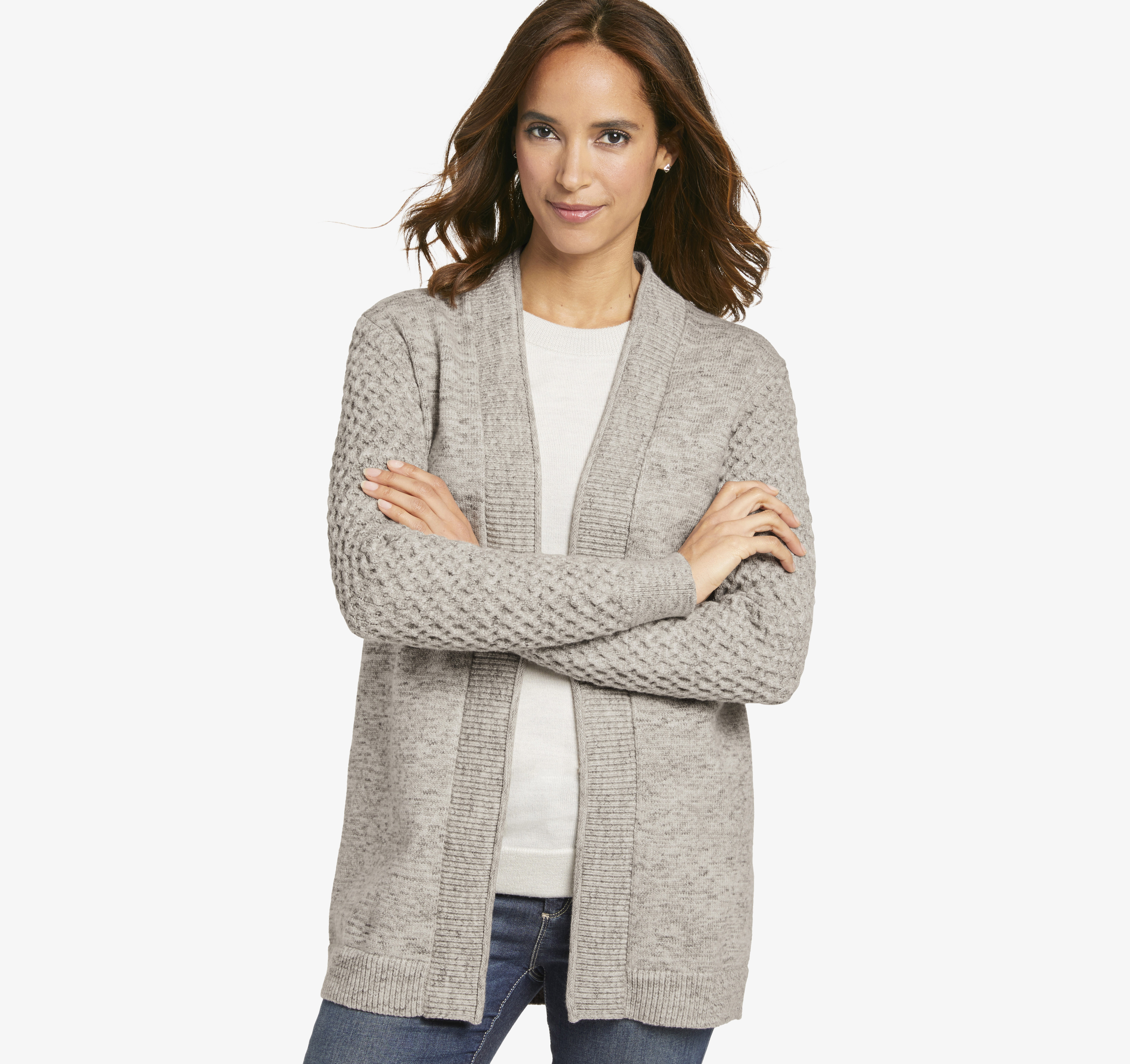 Image of Johnston & Murphy Women's Cable-Sleeve Cardigan - Light Gray - Size L