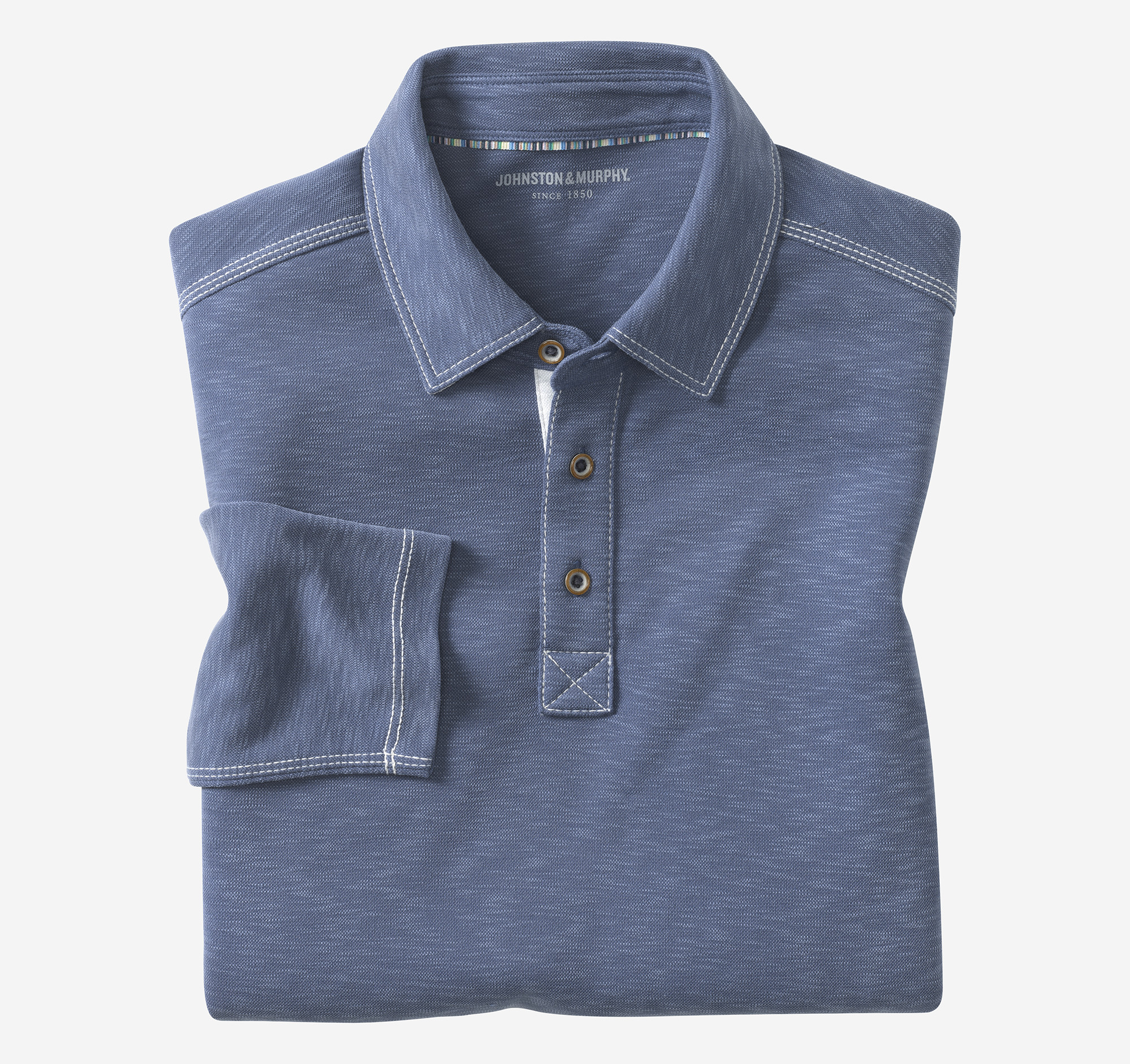 Men's Vintage Slub Long-Sleeve Polo in Blue Johnston Murphy