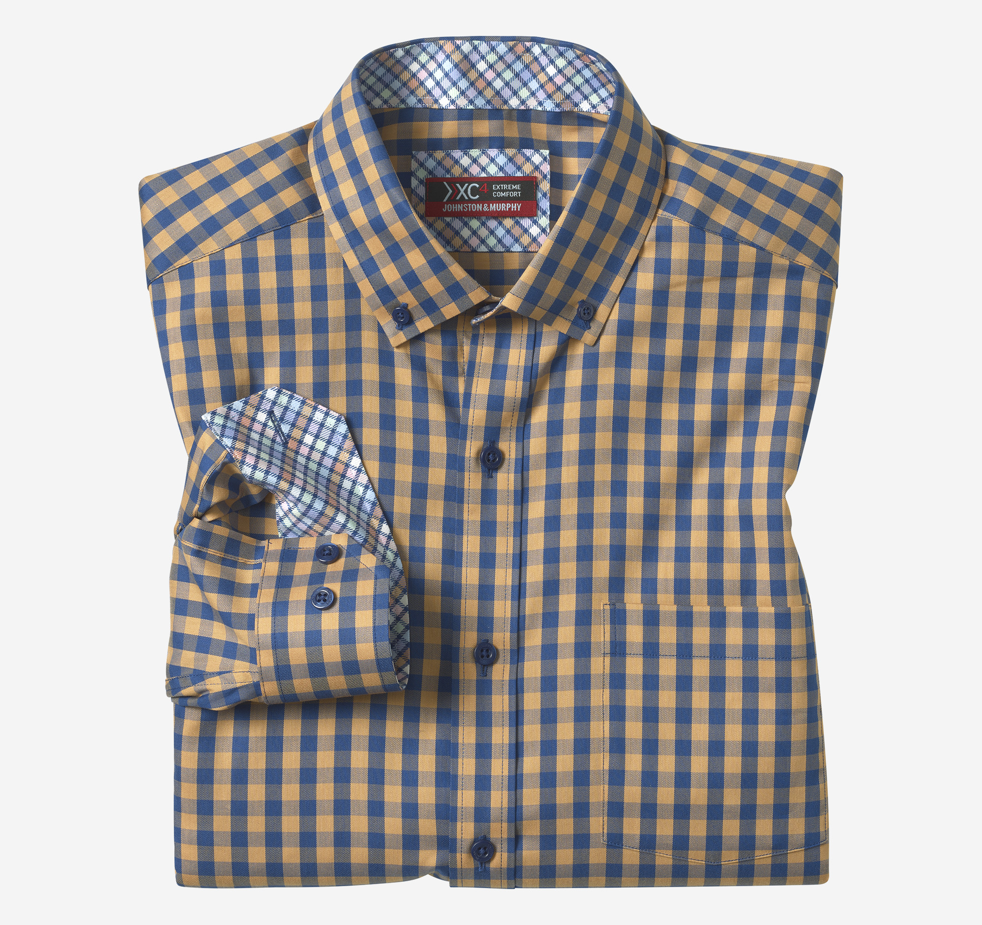 Johnston & Murphy Men's XC4 Performance Shirt - Orange/Navy Gingham - Size M - Regular