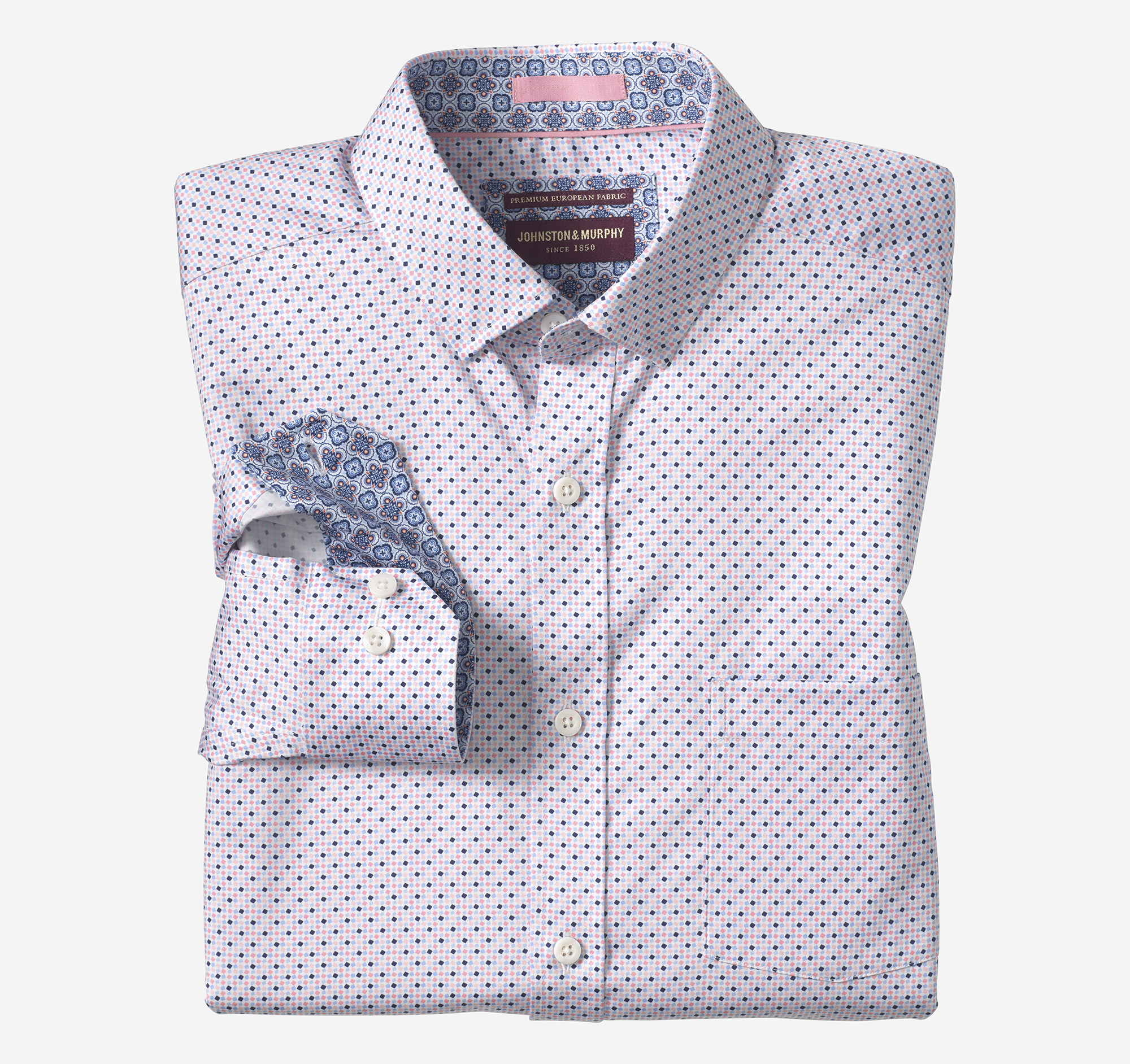 Johnston & Murphy Men's Logan Printed Long-Sleeve Shirt - Pink/Navy Micro Diamond - Size L - Regular