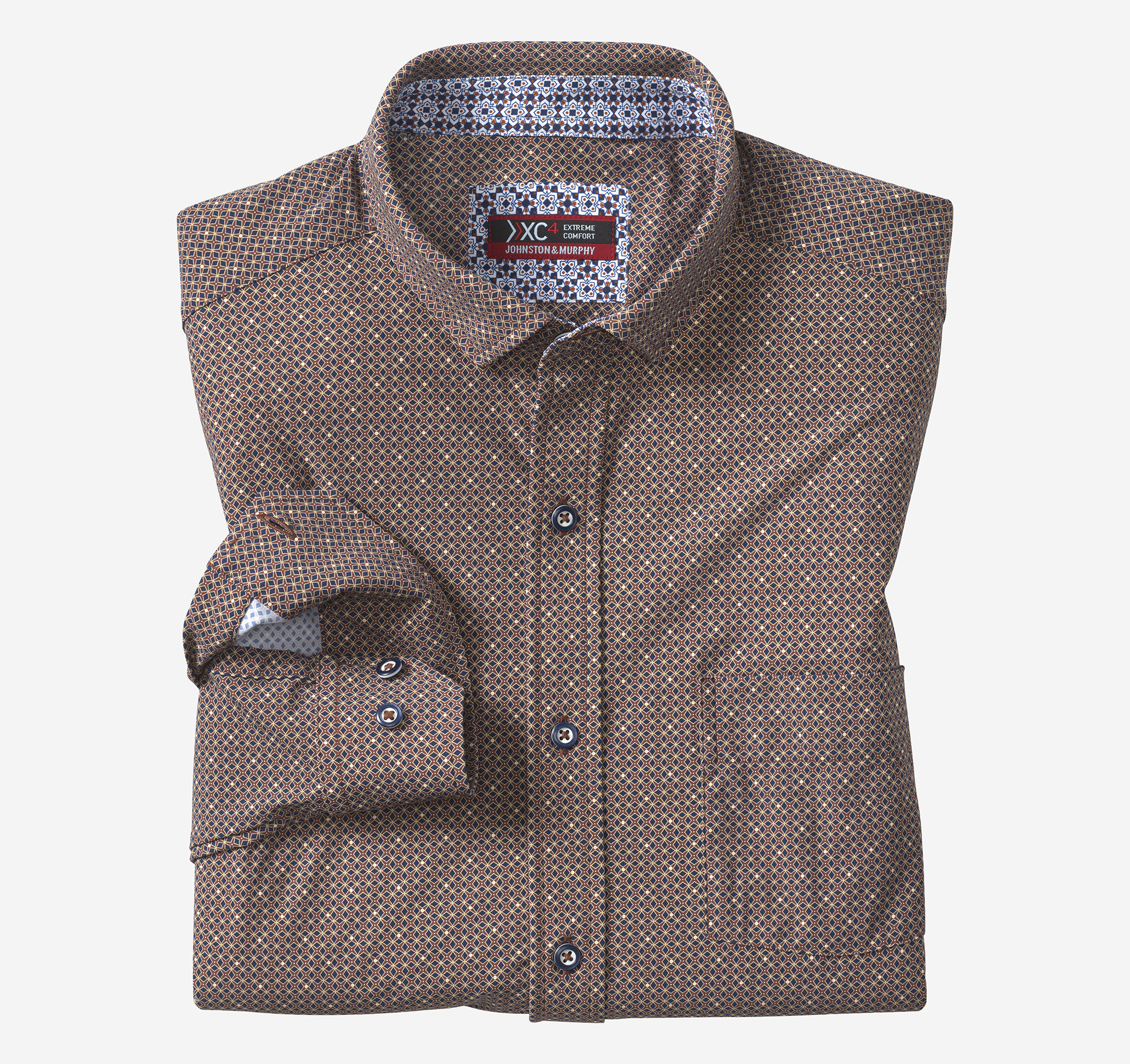 Johnston & Murphy Men's XC Motion Long-Sleeve Print Knit Shirt - Mahogany Star Grid - Size S - Regular