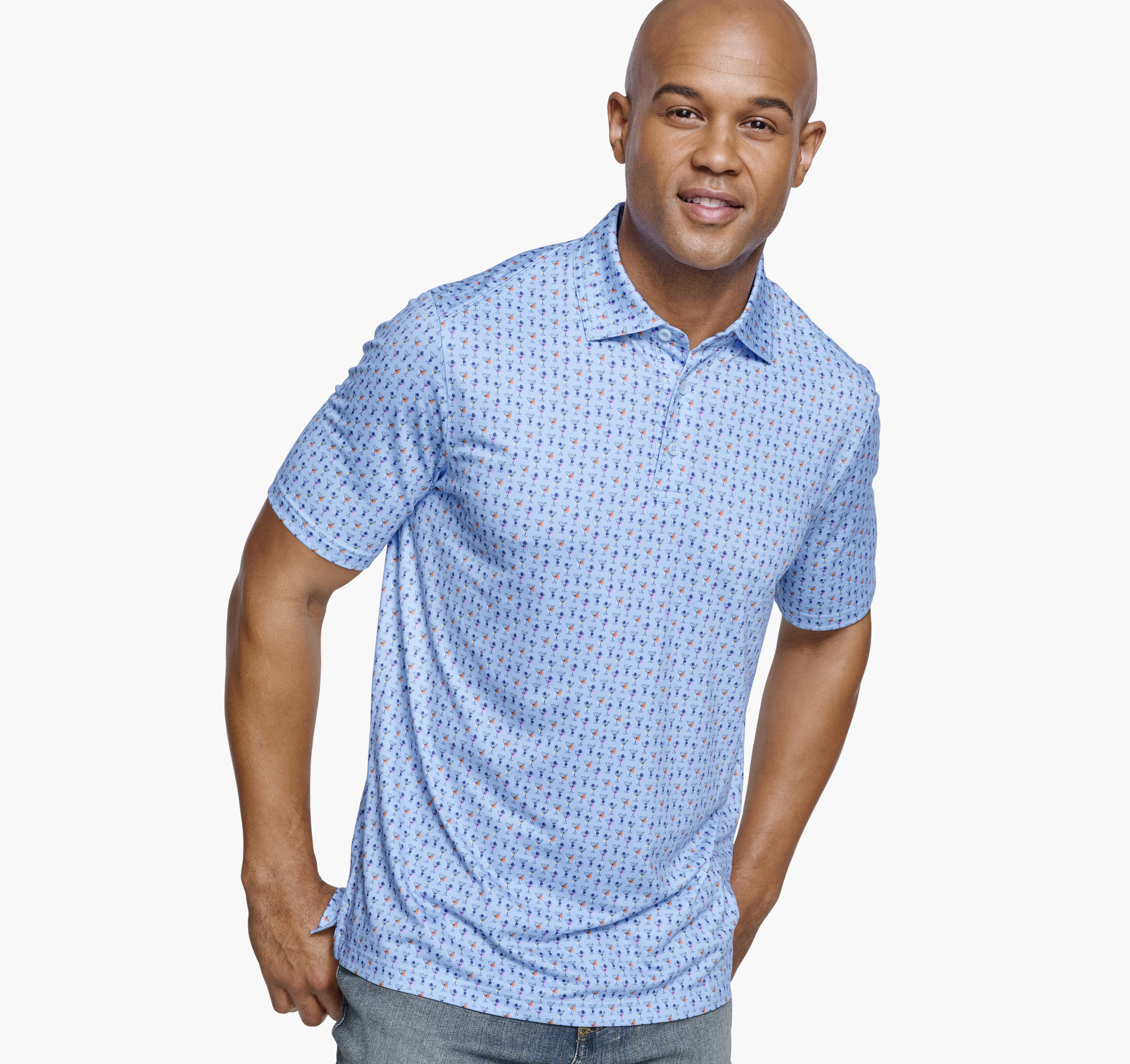 Johnston & Murphy Men's XC4 Performance Print Polos Cool Degree - Blue/Multi Mini Martini - Size S - Regular