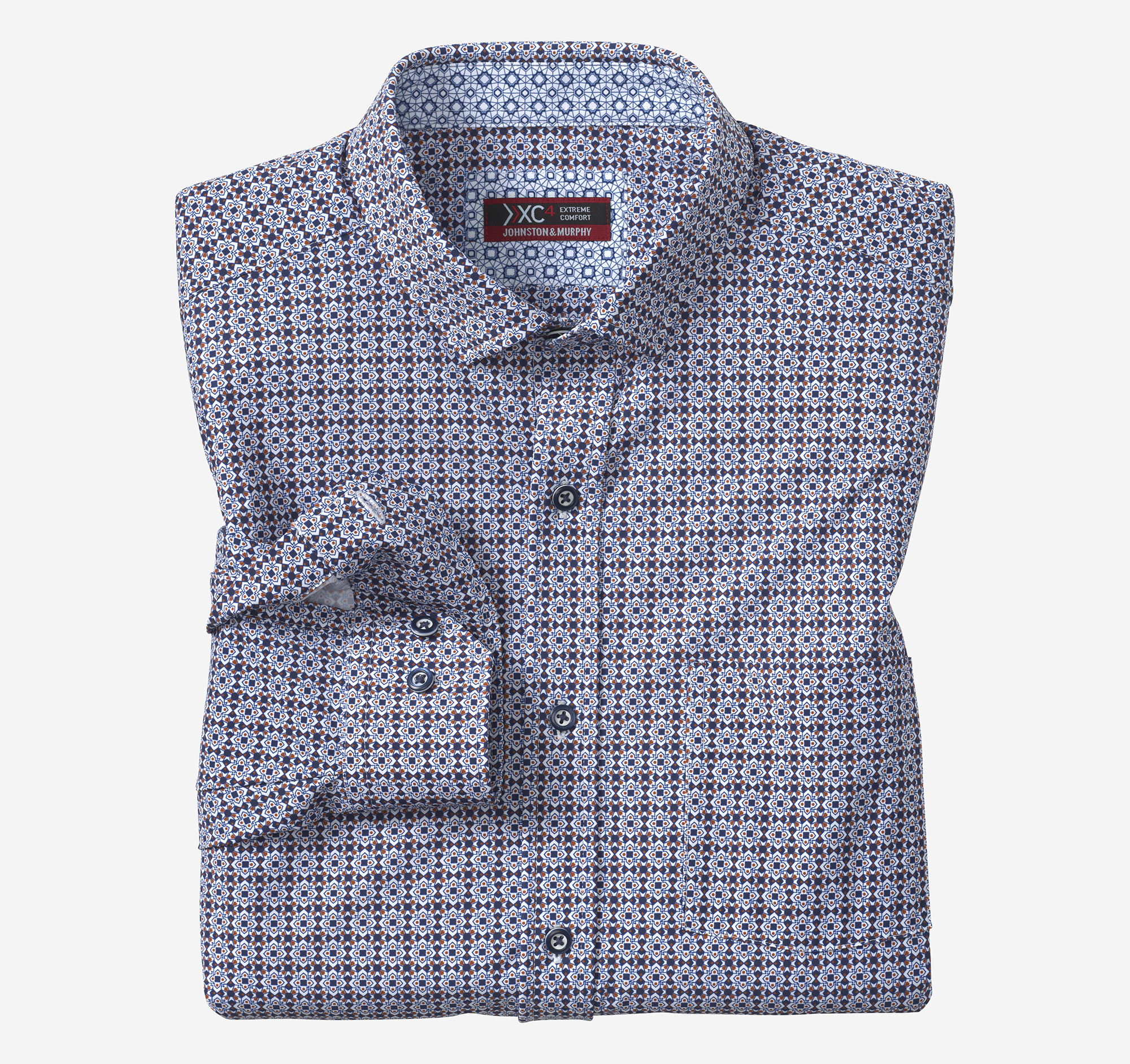Johnston & Murphy Men's XC Motion Long-Sleeve Print Knit Shirt - Rust/Navy Grid Burst - Size XXL - Regular