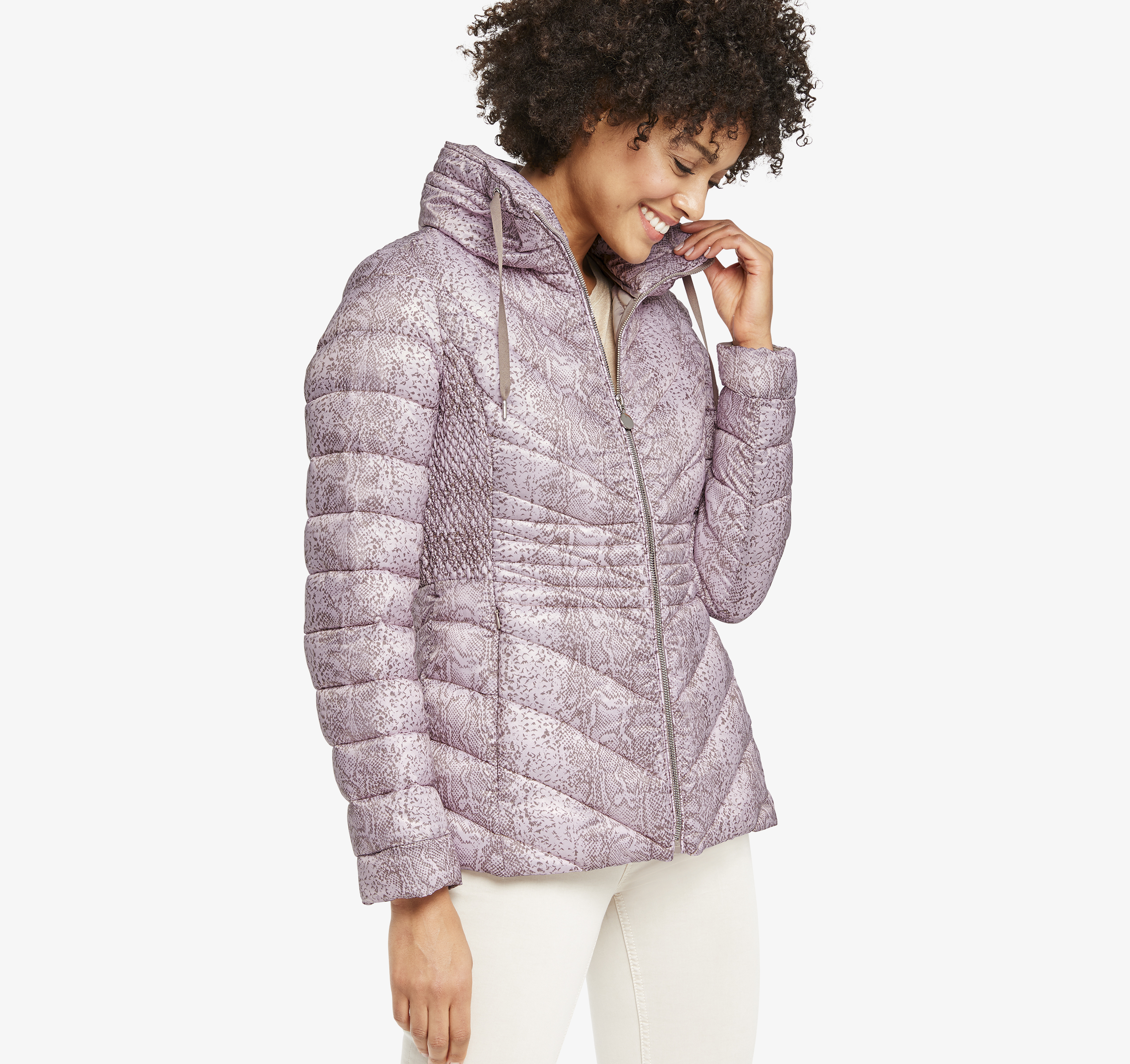 Image of Johnston & Murphy Women's Packable Snake-Print Quilted Jacket - Pink - Size L