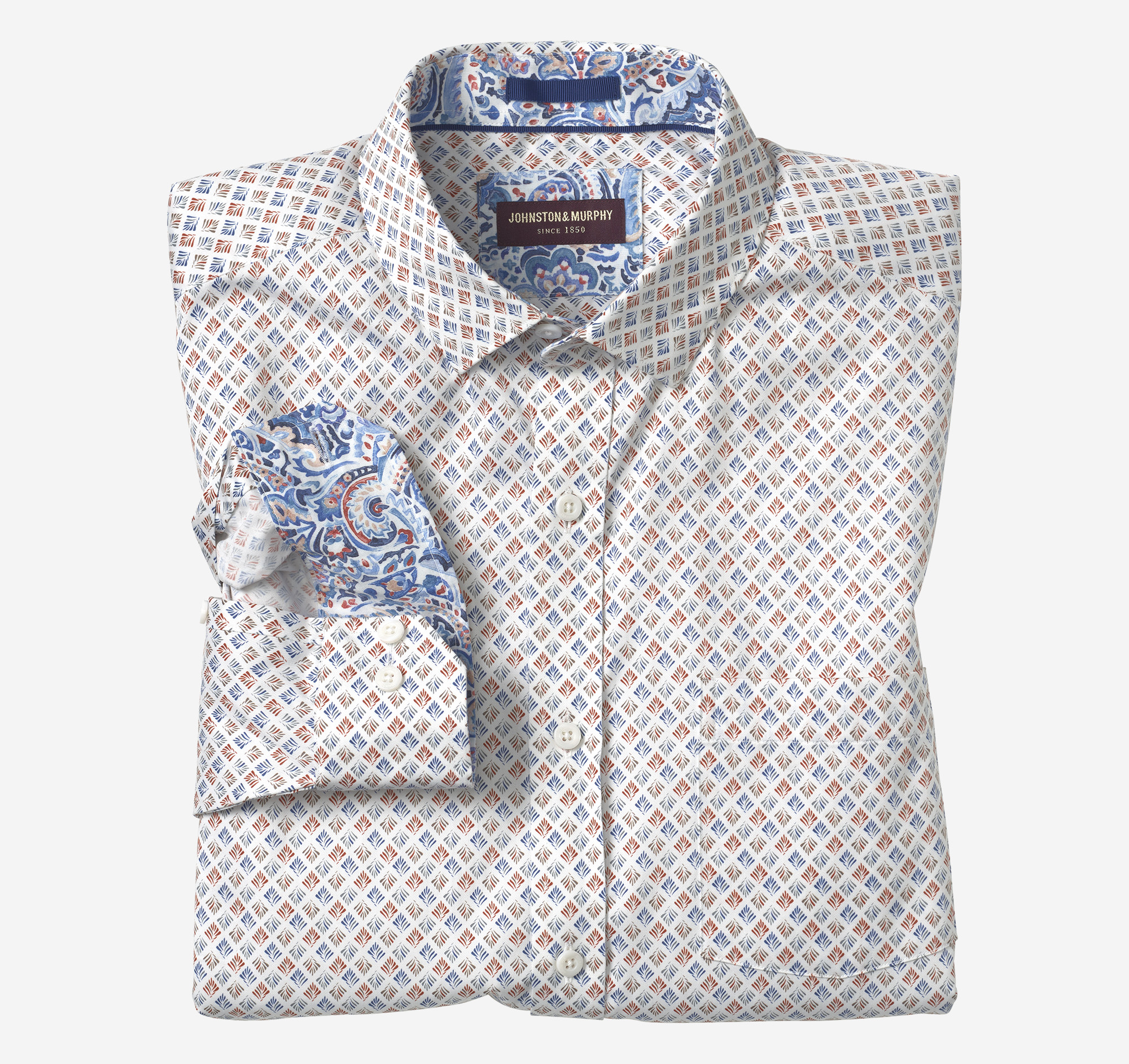Johnston & Murphy Men's Printed Cotton Shirt - White/Multi Fan - Size XL - Regular