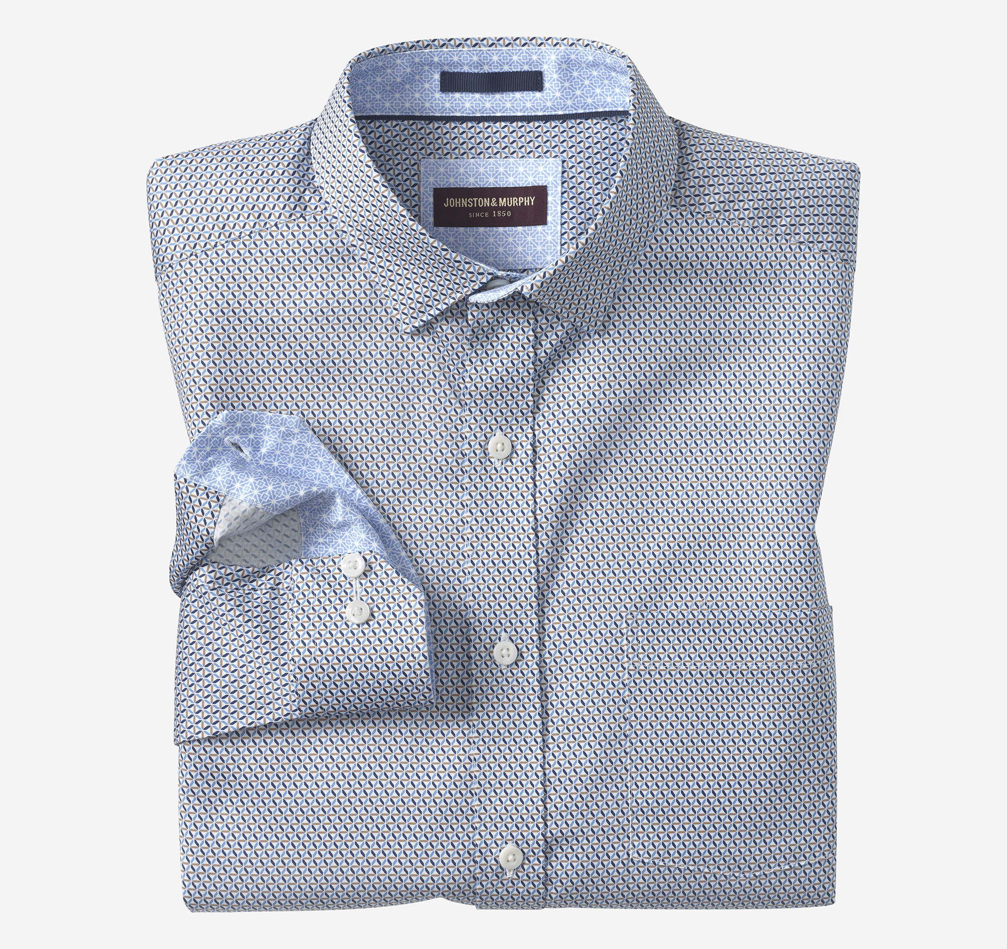 Johnston & Murphy Men's Logan Printed Long-Sleeve Shirt - Navy/Brown Triangle Grid - Size M - Regular