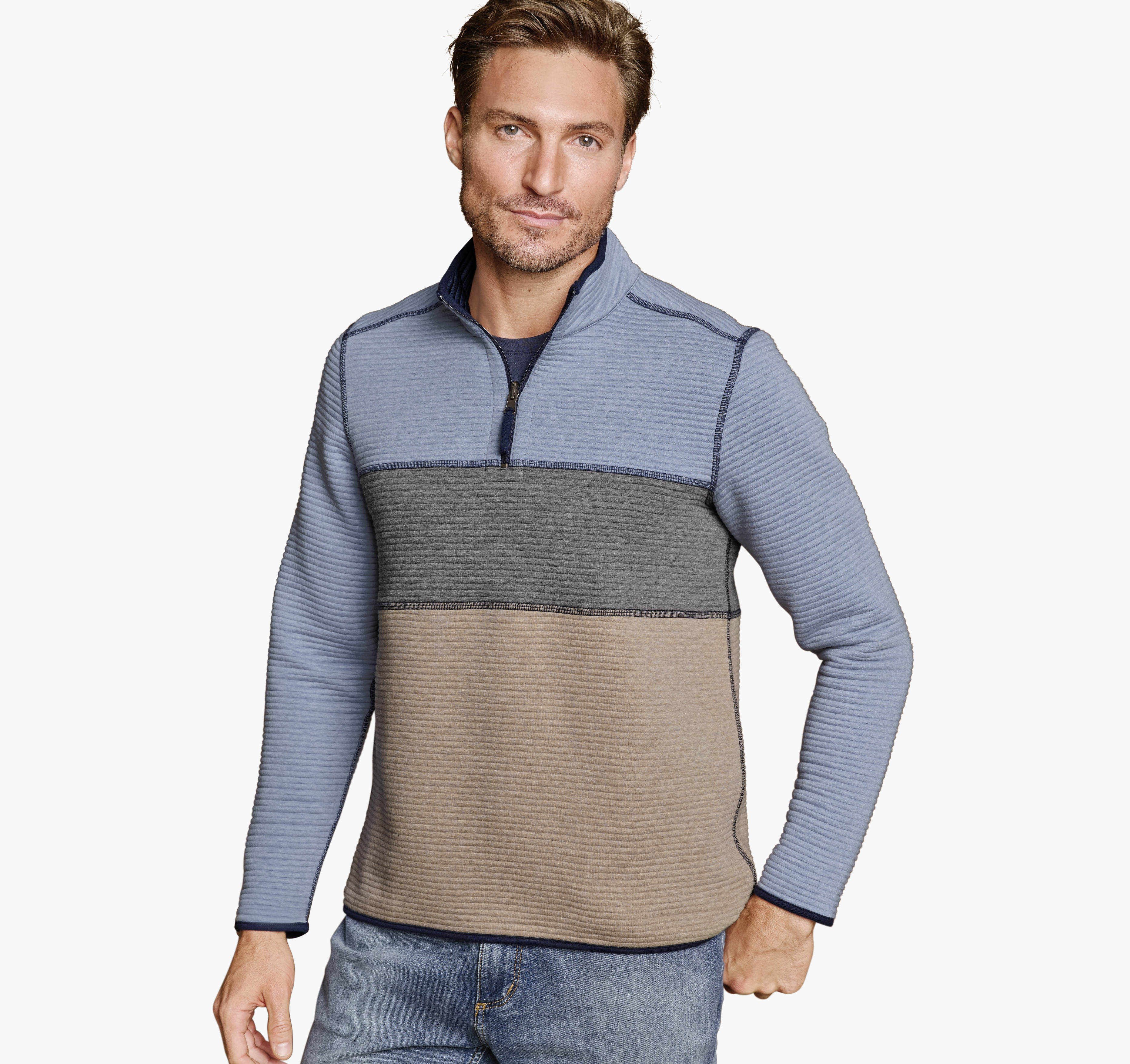 Men's Reversible Colorblock Channel-Quilted Quarter-Zip in Light Blue ...