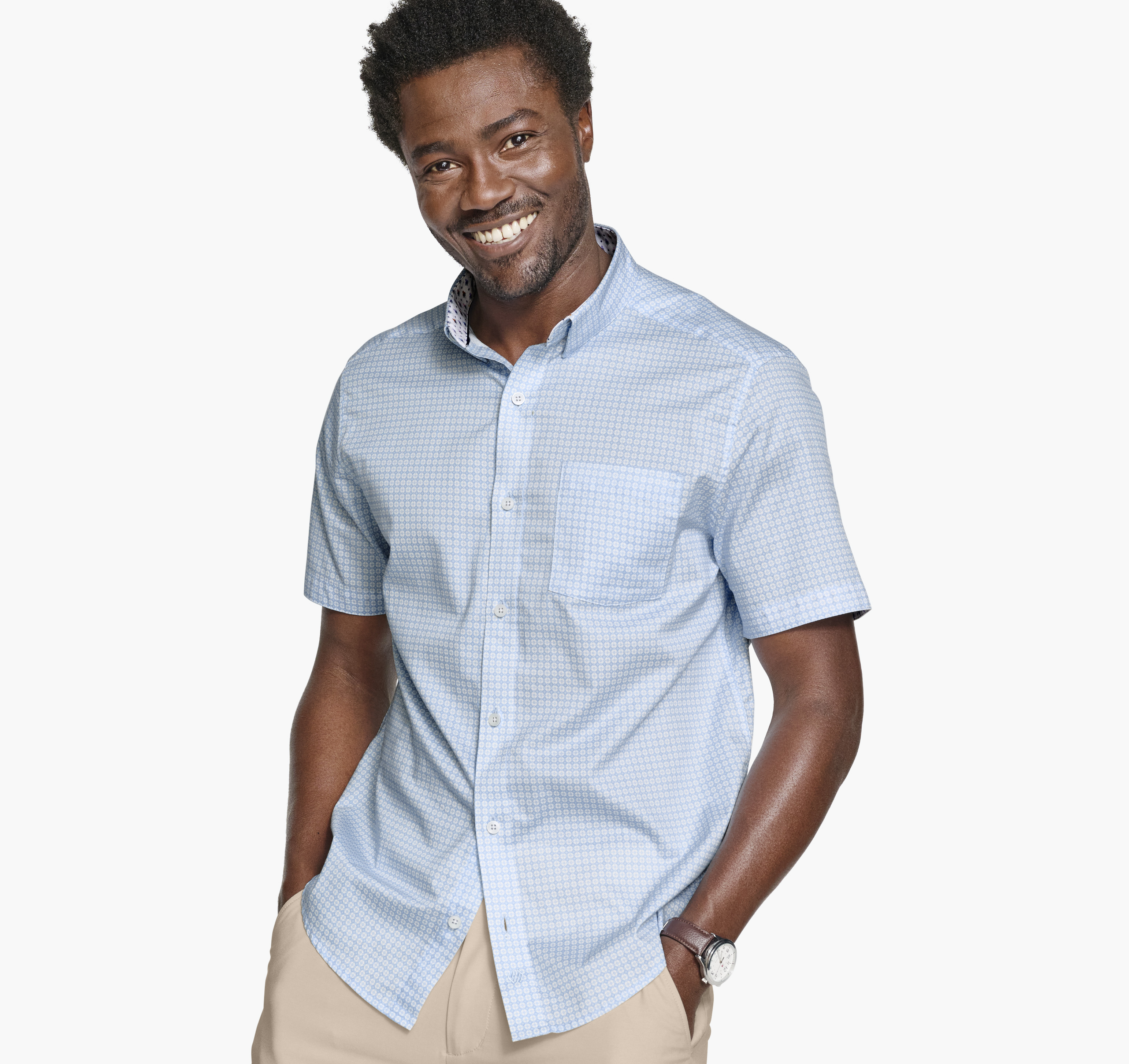 Johnston & Murphy Men's Printed Short-Sleeve Shirt - Blue Diamond - Size XL - Regular