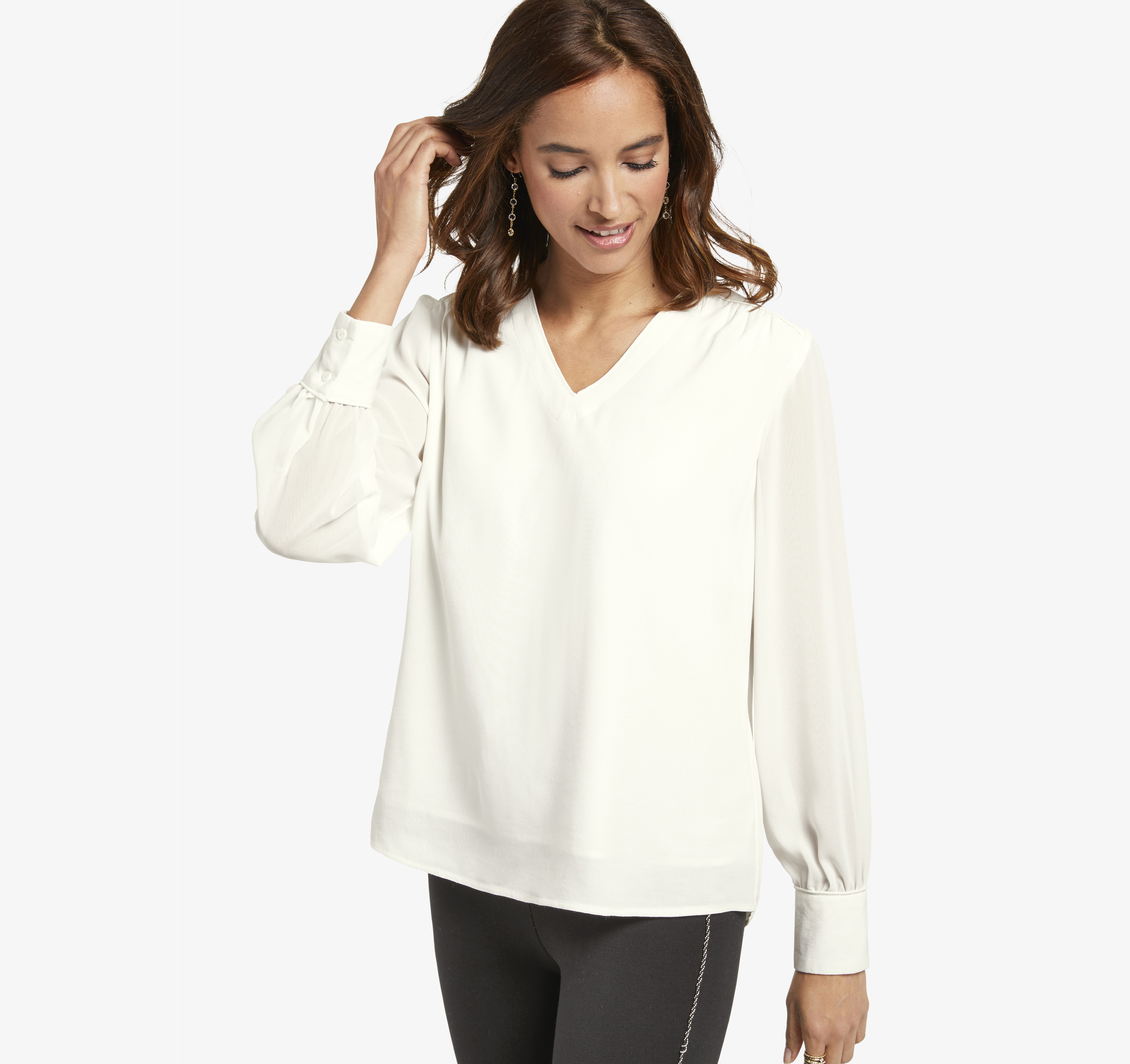 Image of Johnston & Murphy Women's V-Neck Blouse - White - Size L