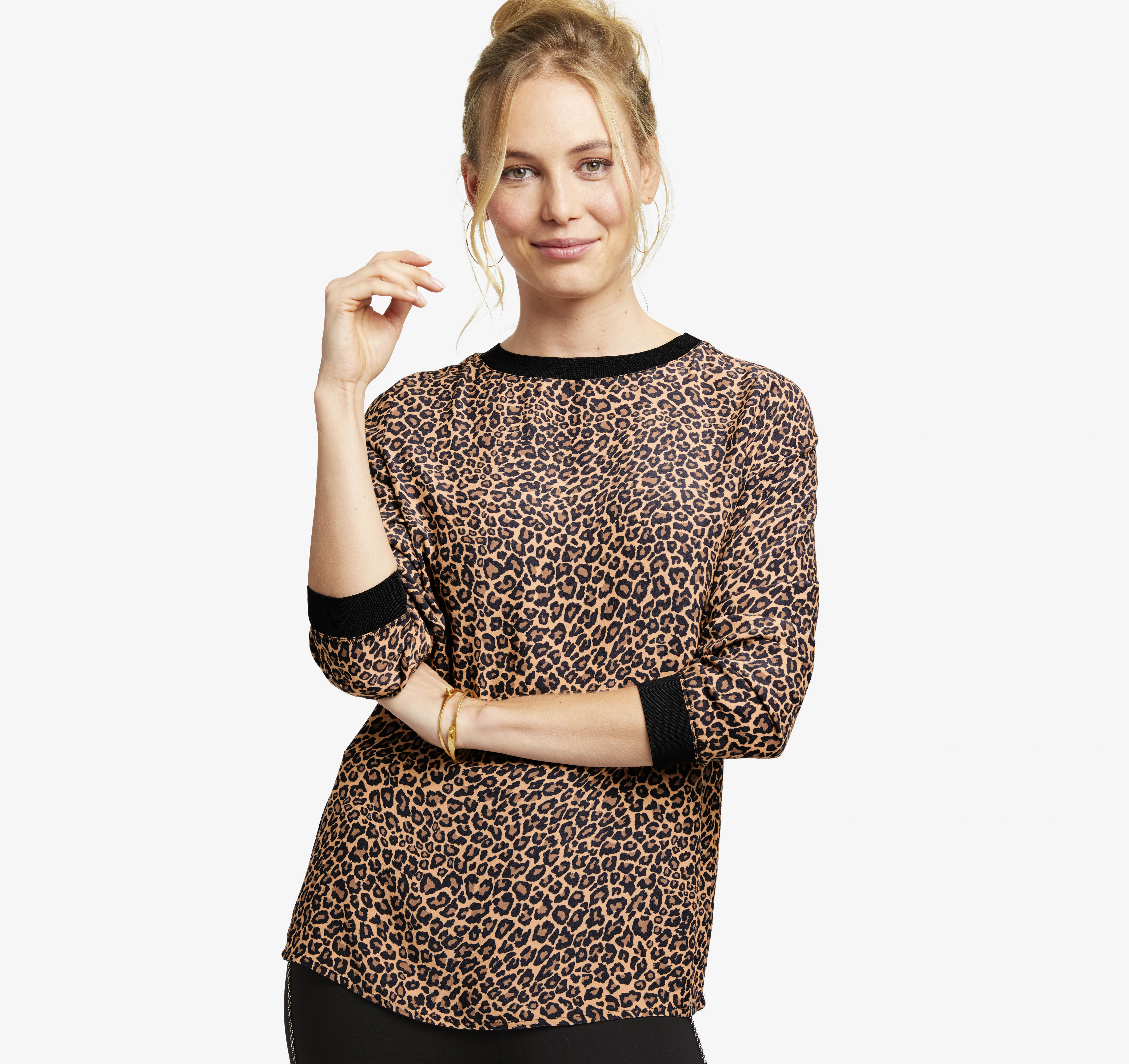 Image of Johnston & Murphy Women's Printed Knit-Trim Blouse - Brown Multi Animal Print - Size M