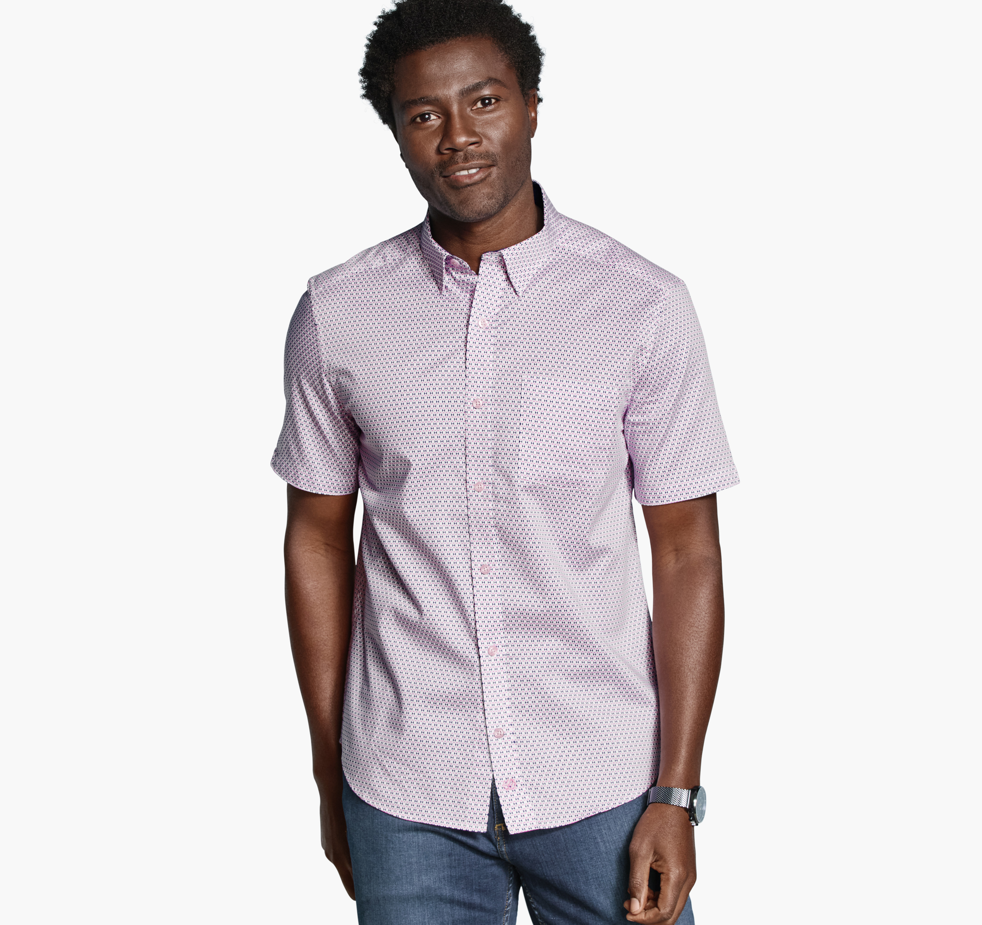 Johnston & Murphy Men's Logan Printed Short-Sleeve Shirt - Pink/Navy Bowtie - Size L - Regular
