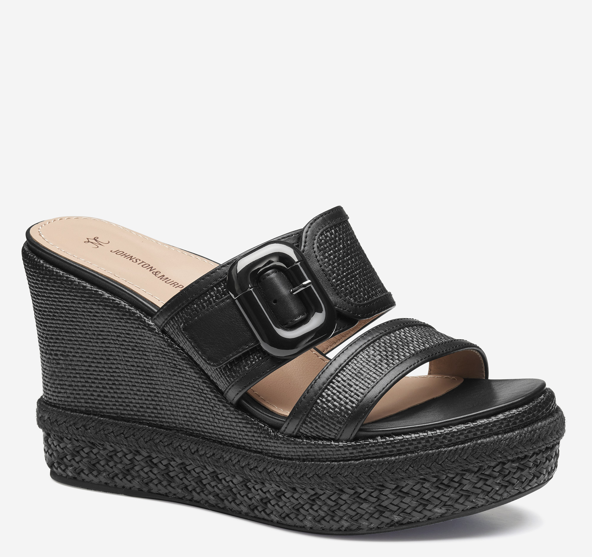 Johnston & Murphy Women's Addison Buckle-Strap Wedge - Black Raffia/Nappa Leather - Size 8 - M