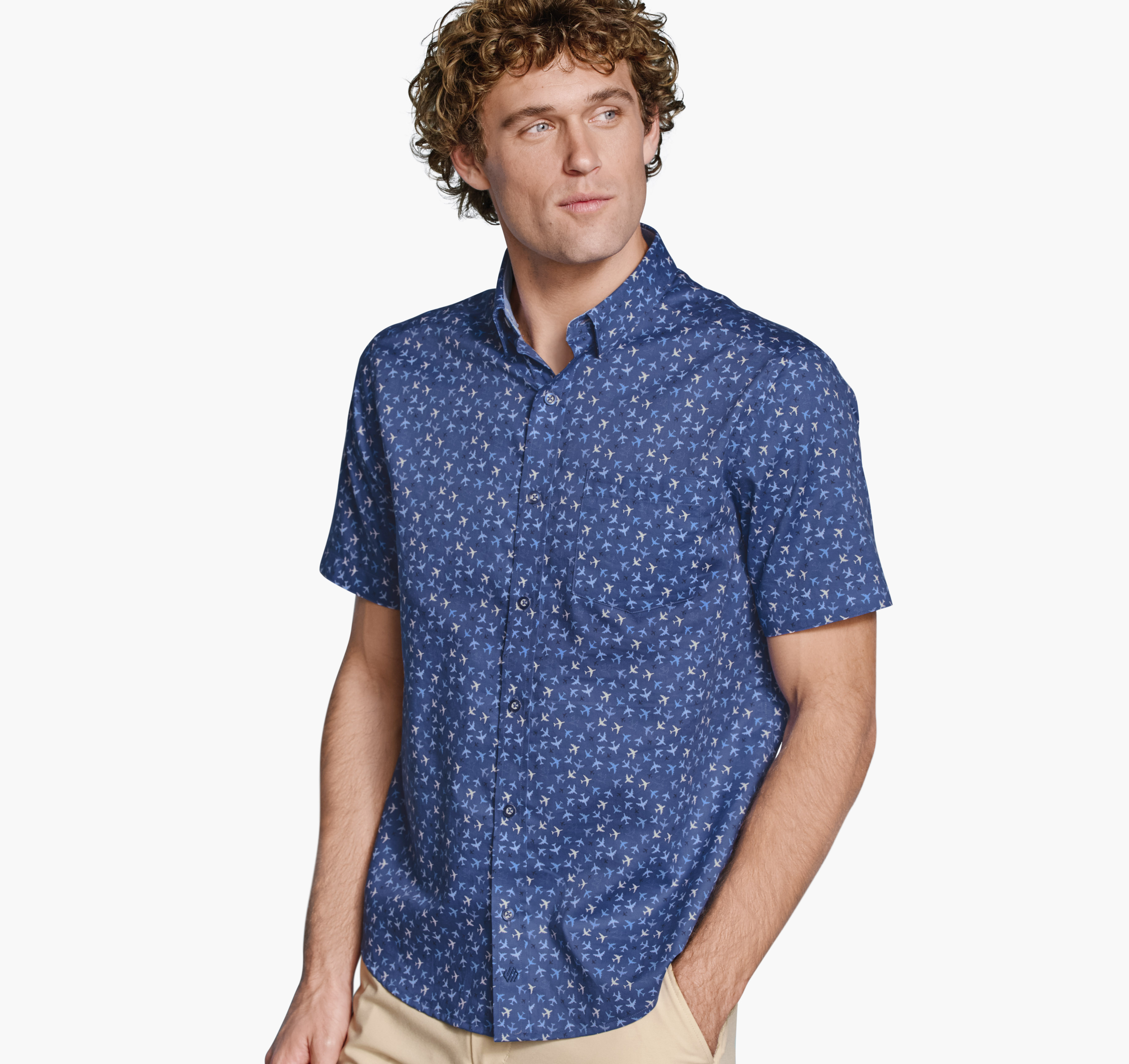 Johnston & Murphy Men's Logan Printed Short-Sleeve Shirt - Navy Flight Paths - Size M - Regular