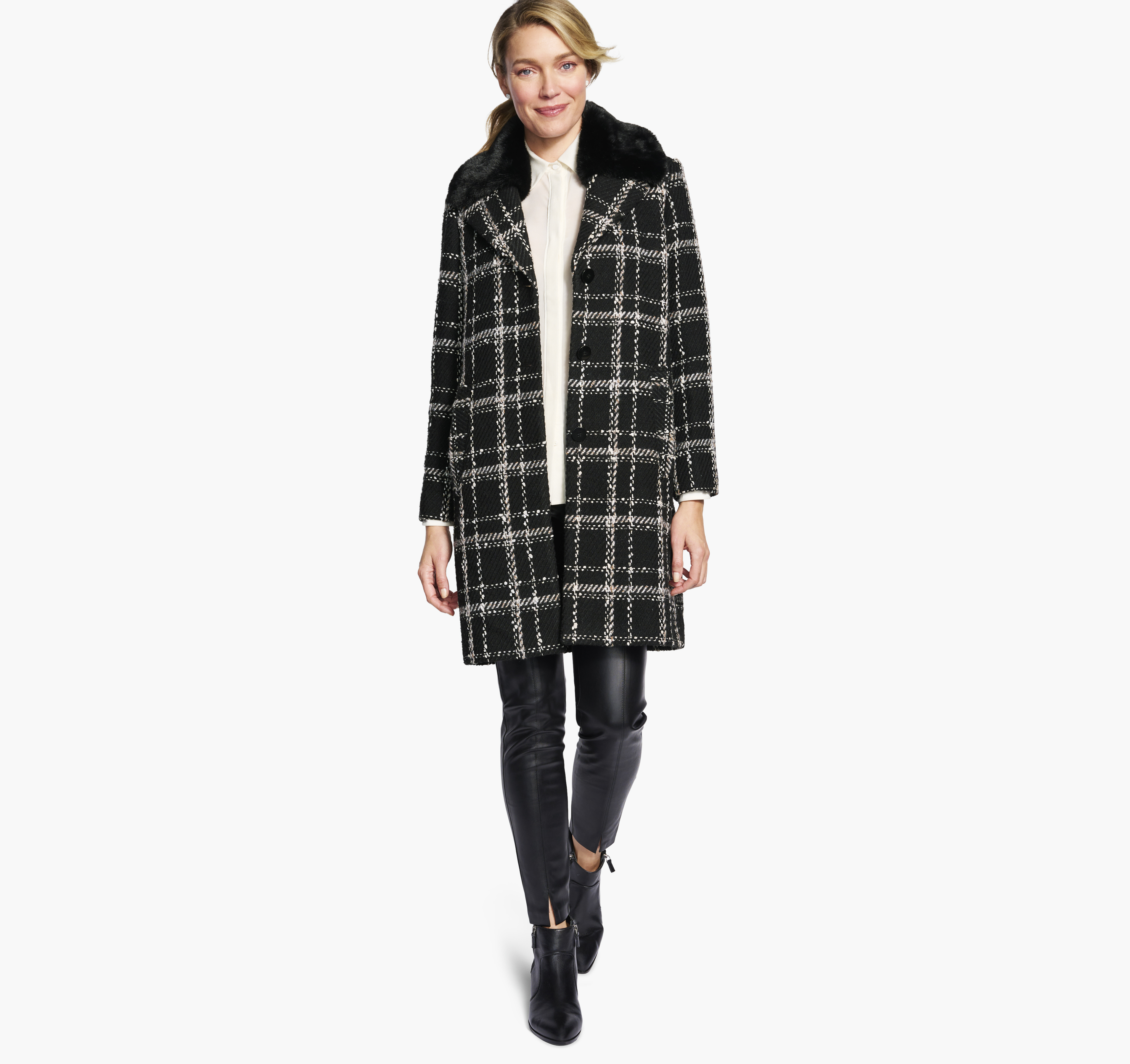 Plaid Coat with Removable Faux-Fur Collar image number null