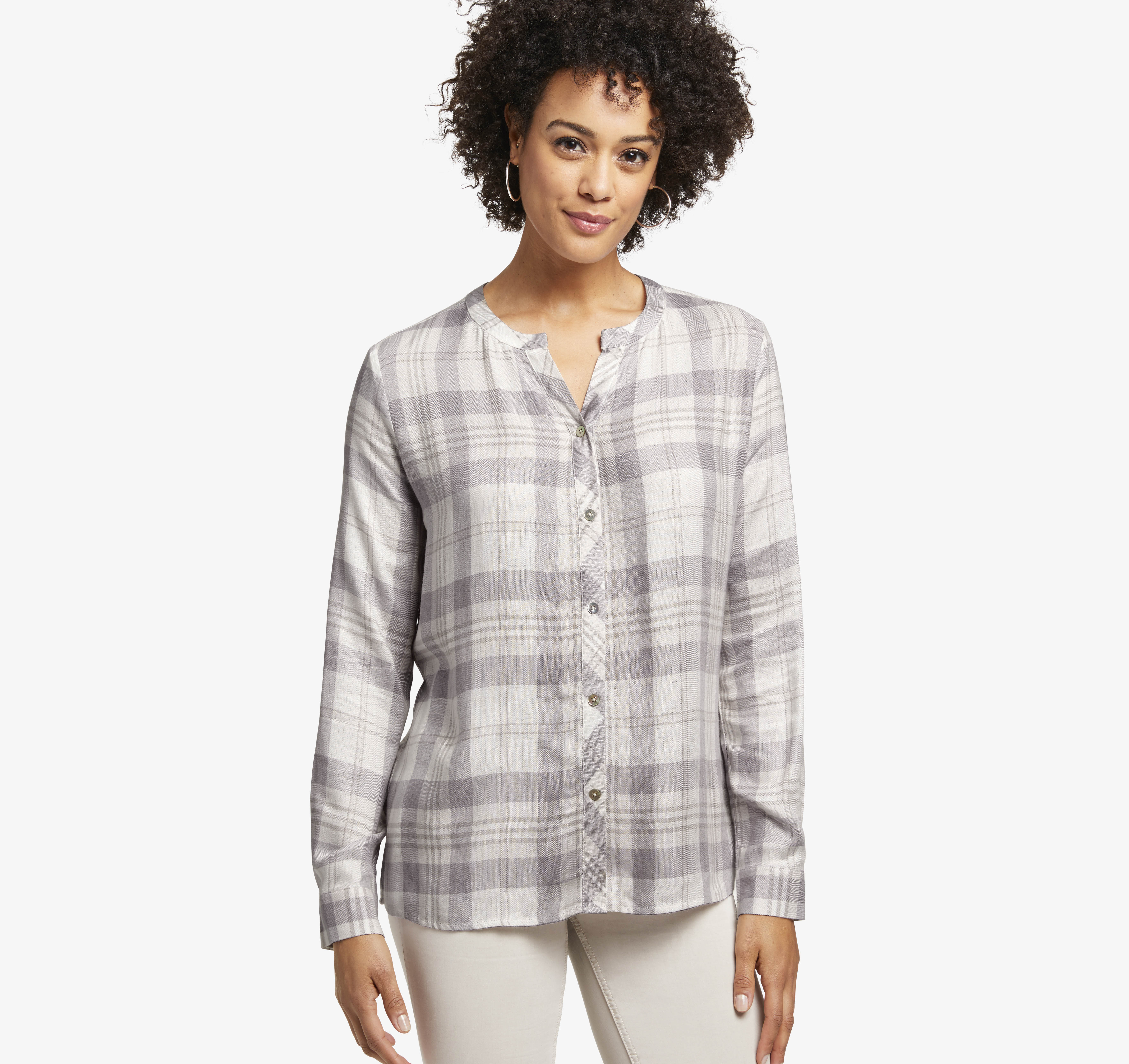 Image of Johnston & Murphy Women's Plaid Y-Neck Shirt - Gray Multi - Size M