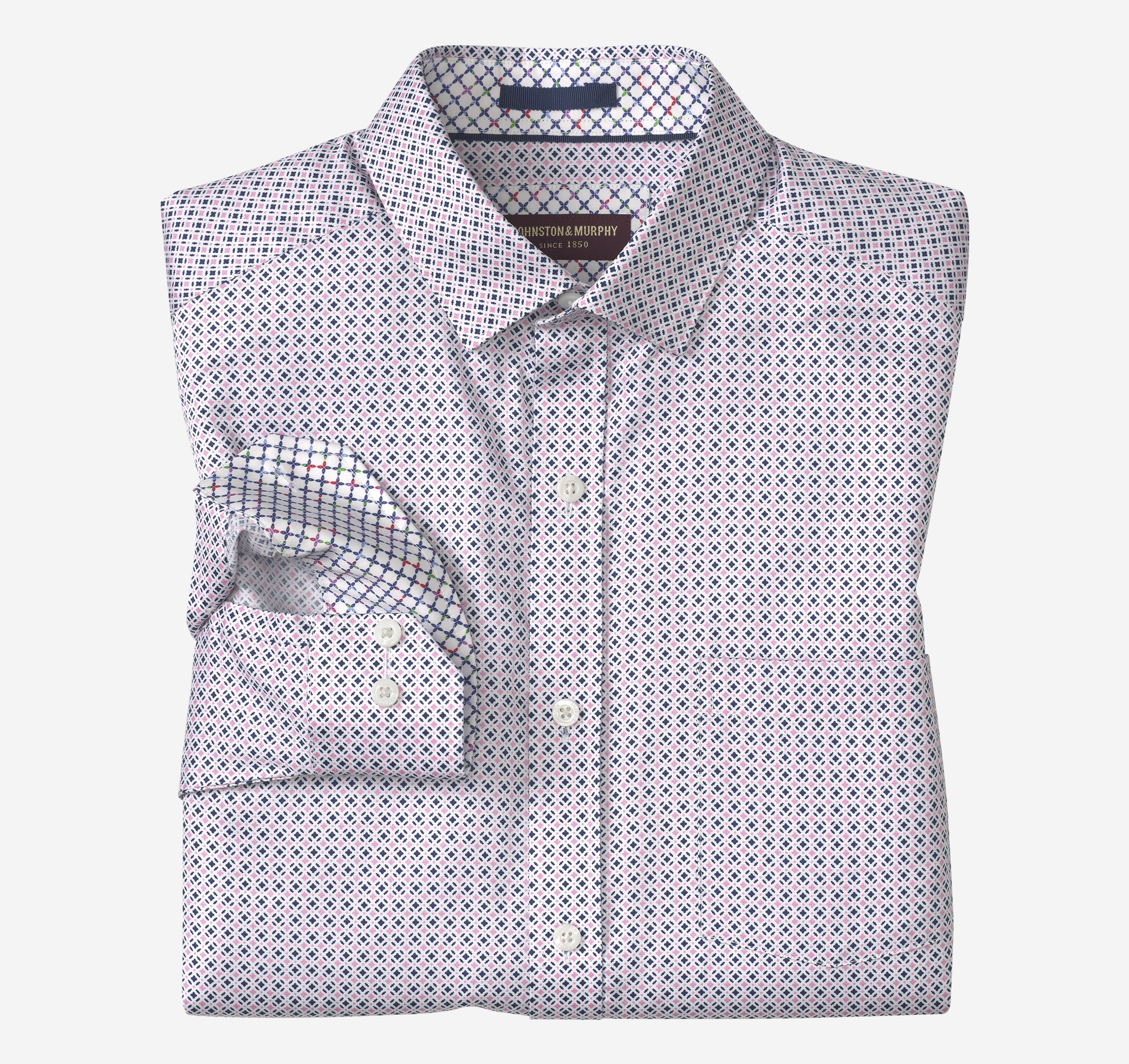 Johnston & Murphy Men's Printed Cotton Shirt - Pink/Navy Tile - Size 3XL - Regular