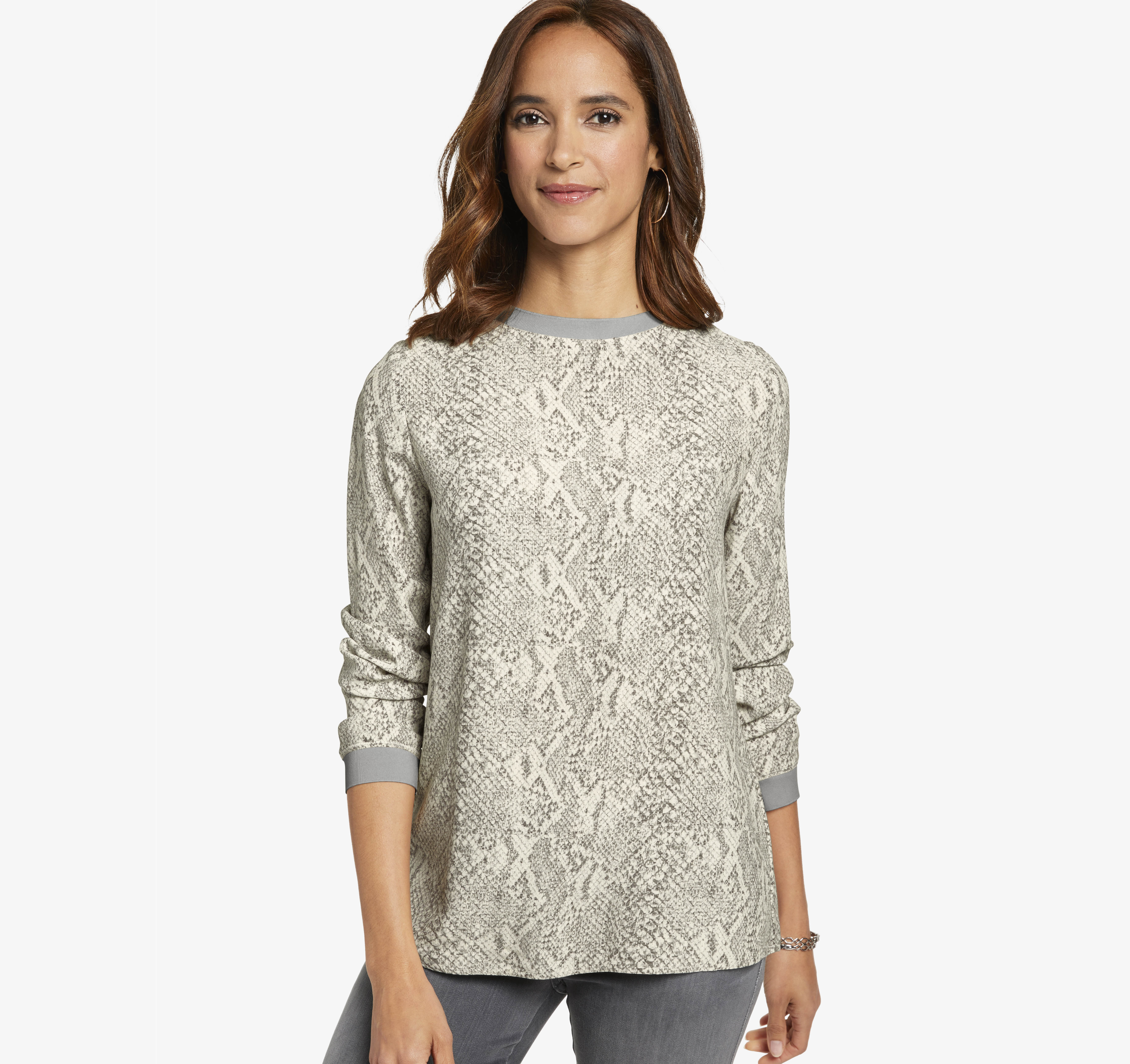 Image of Johnston & Murphy Women's Printed Knit-Trim Blouse - Gray Multi Snake Print - Size S