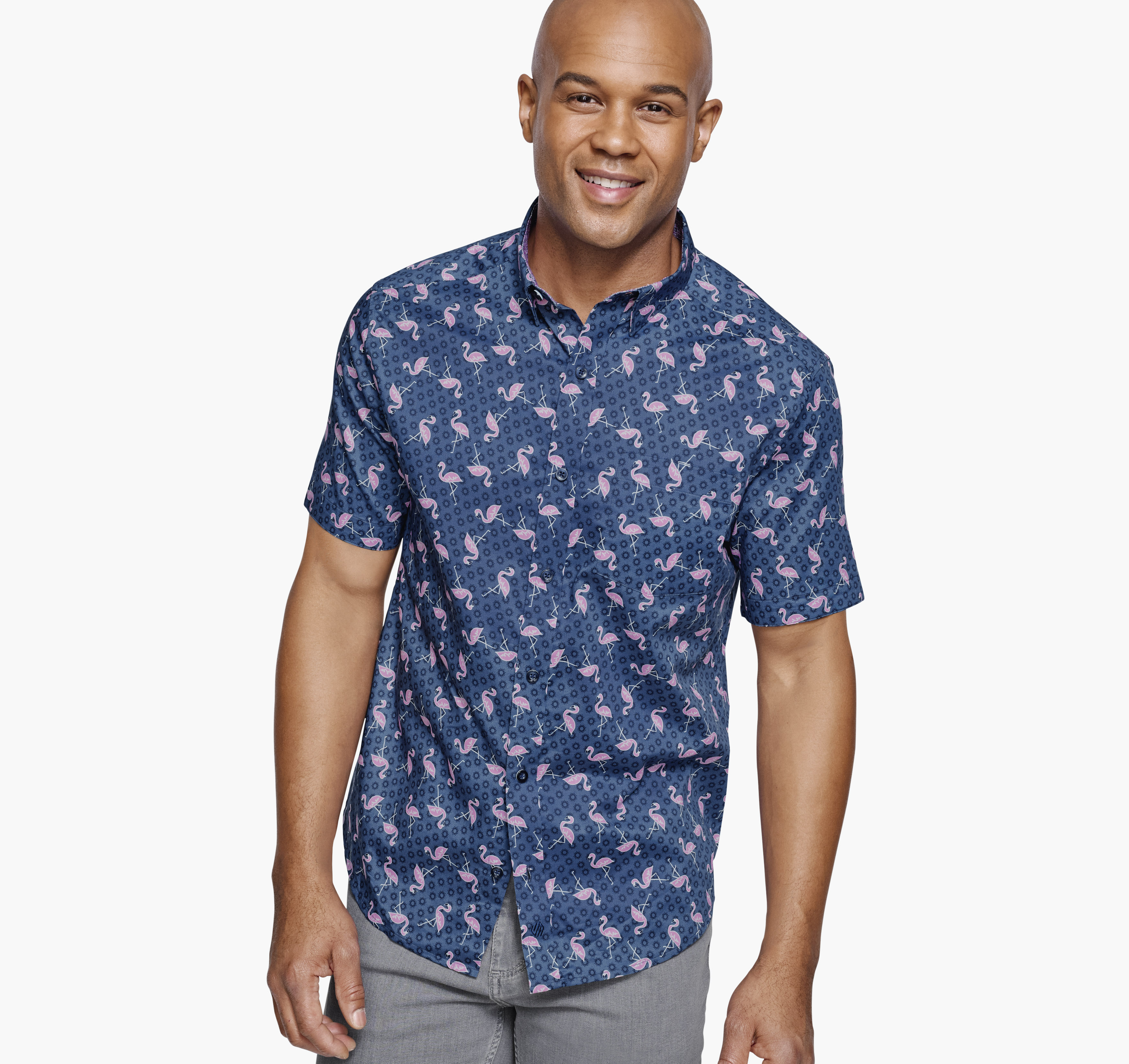 Johnston & Murphy Men's Printed Short-Sleeve Shirt - Navy Flamingo Sun - Size XL - Regular