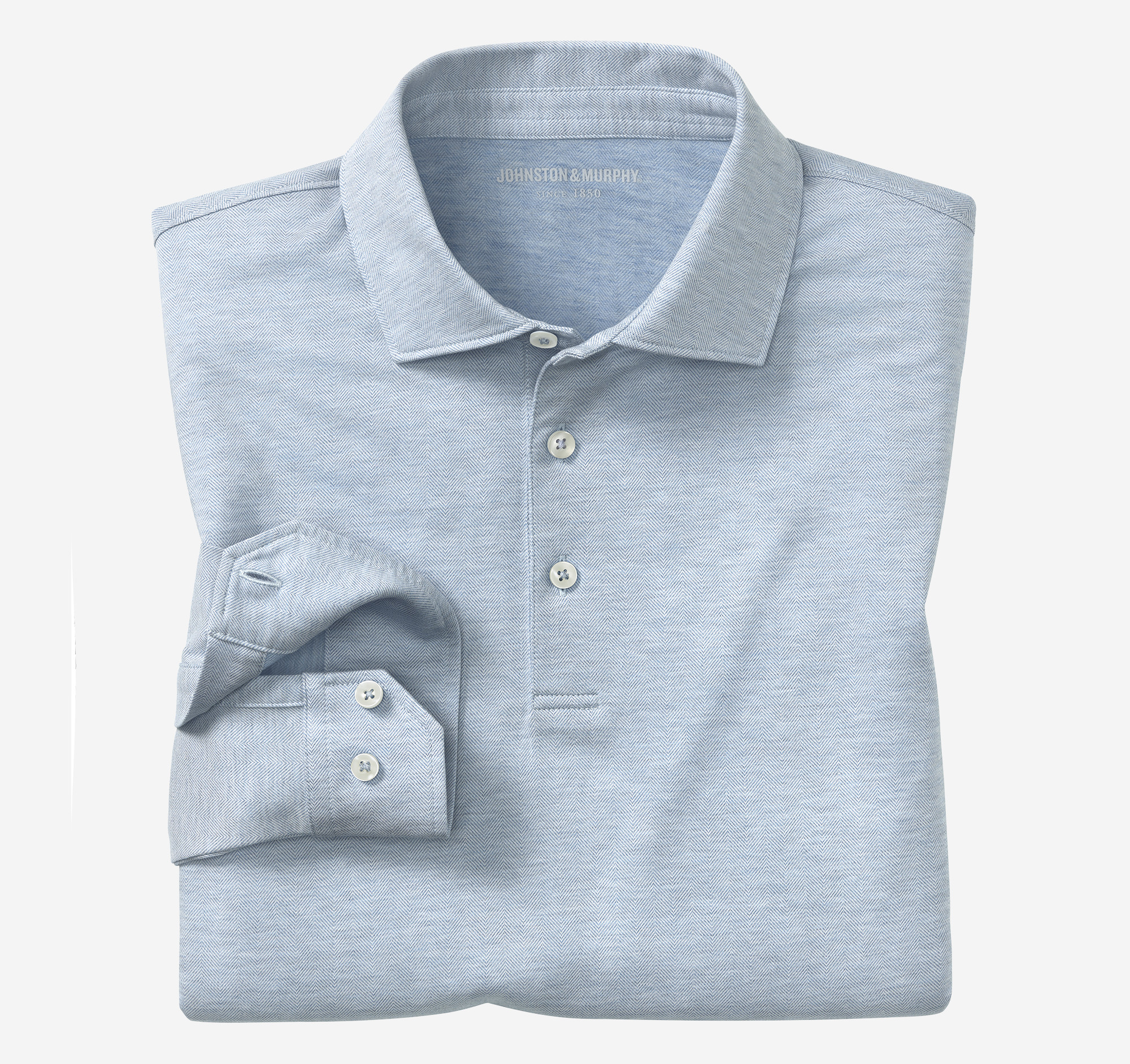 Men's Herringbone Long-Sleeve Polo in Light Blue Johnston Murphy
