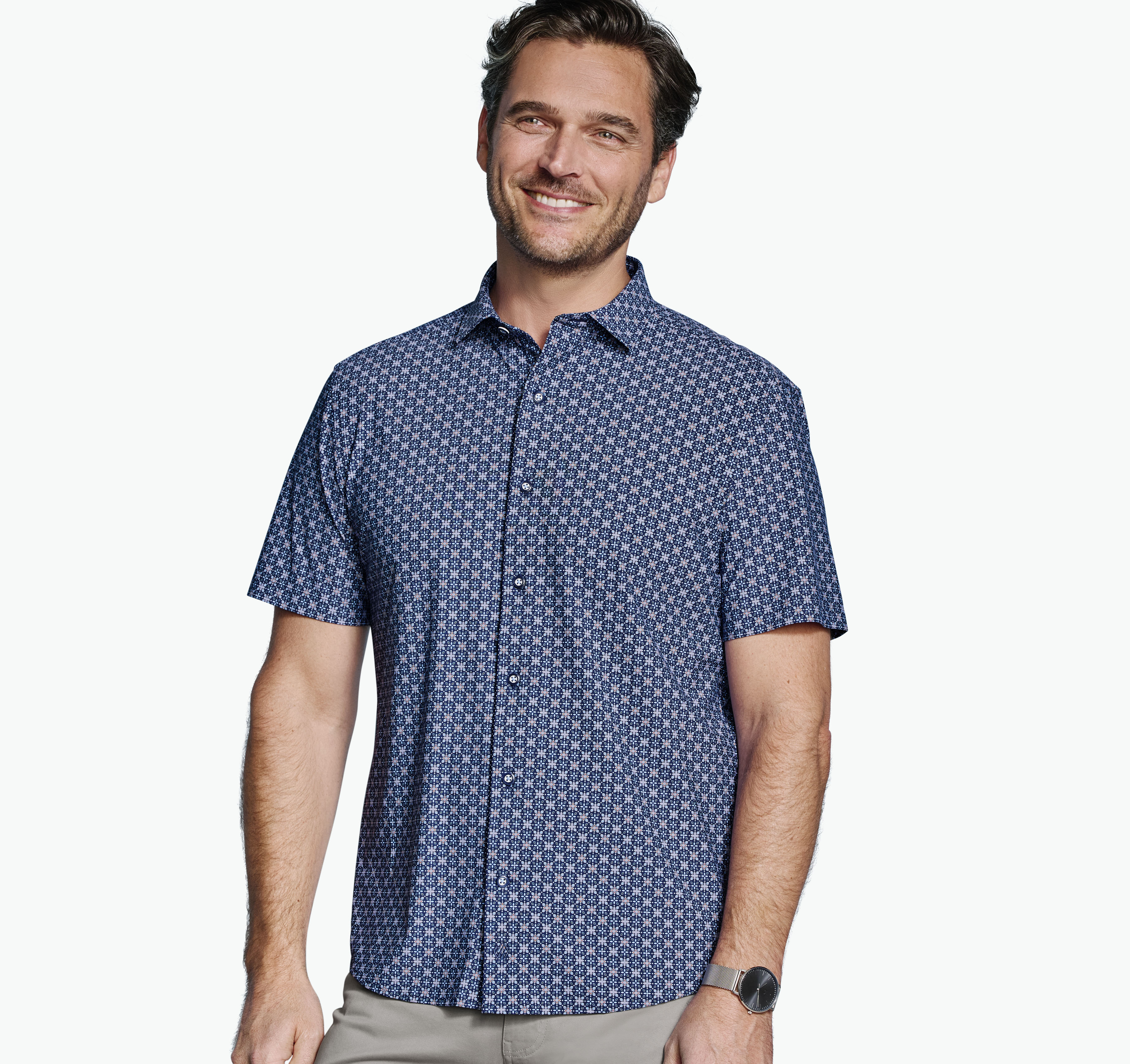 Johnston & Murphy Men's XC Motion Short-Sleeve Print Knit Shirt - Navy Petal - Size S - Regular
