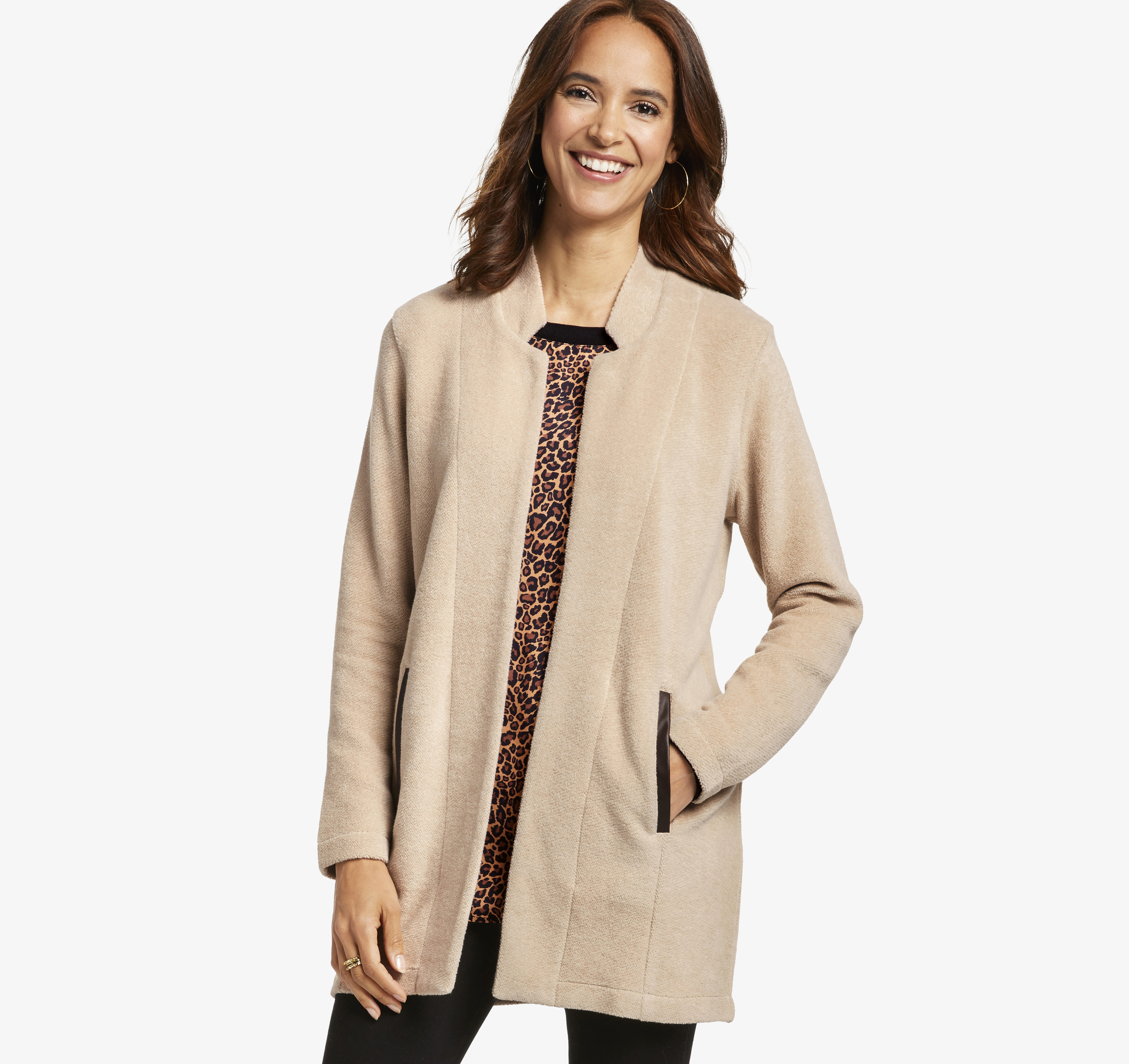 Image of Johnston & Murphy Women's Marled Open-Front Cardigan - Ivory/Camel - Size M