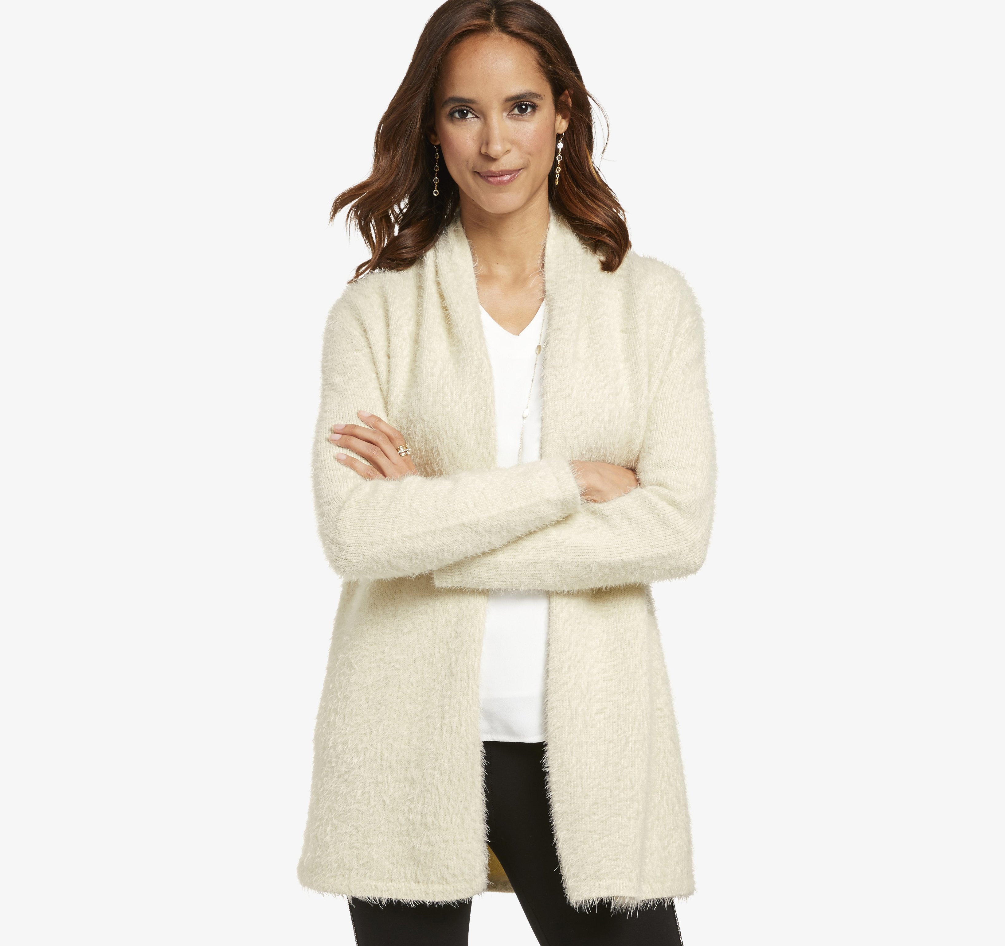 Image of Johnston & Murphy Women's Eyelash-Yarn Cardigan - Ivory - Size M