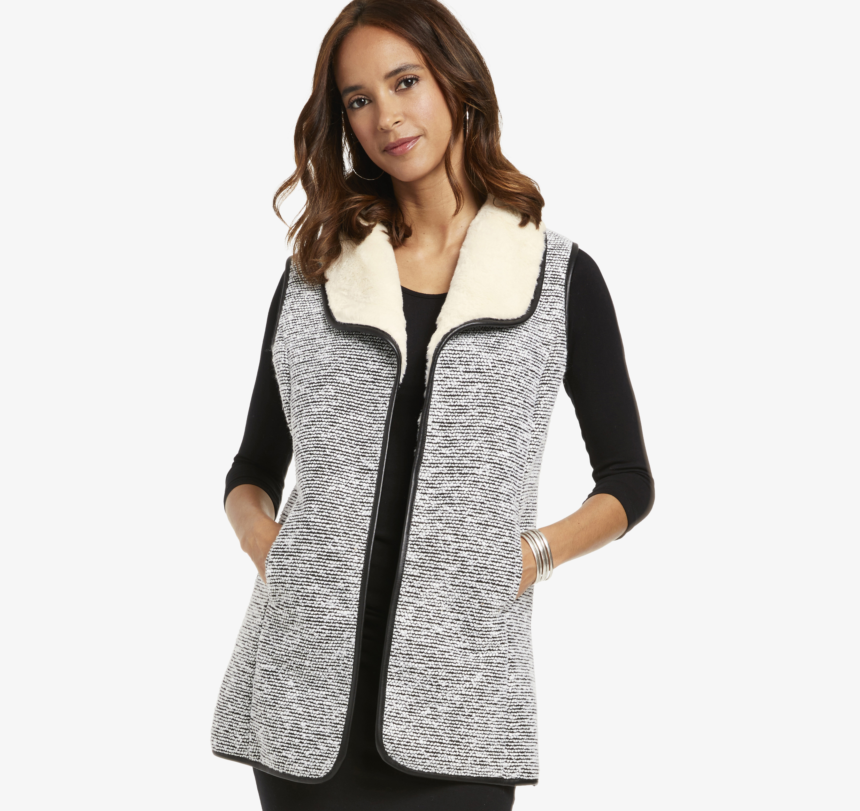 Image of Johnston & Murphy Women's Faux-Fur Lined Tweed Vest - Black/White - Size M