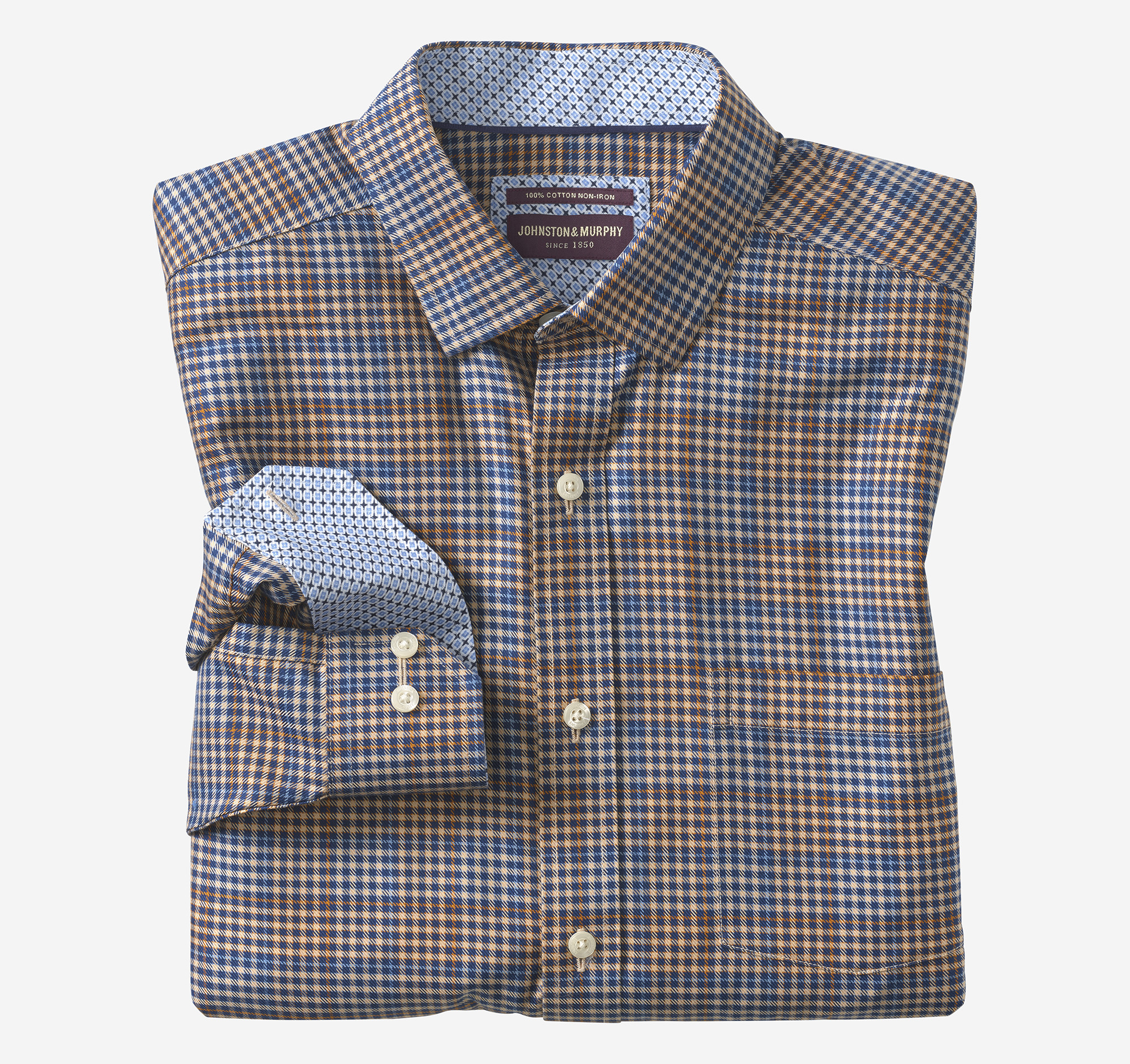 Men's Non-Iron Dress Shirt in Tan Multi Glen Plaid | Johnston & Murphy