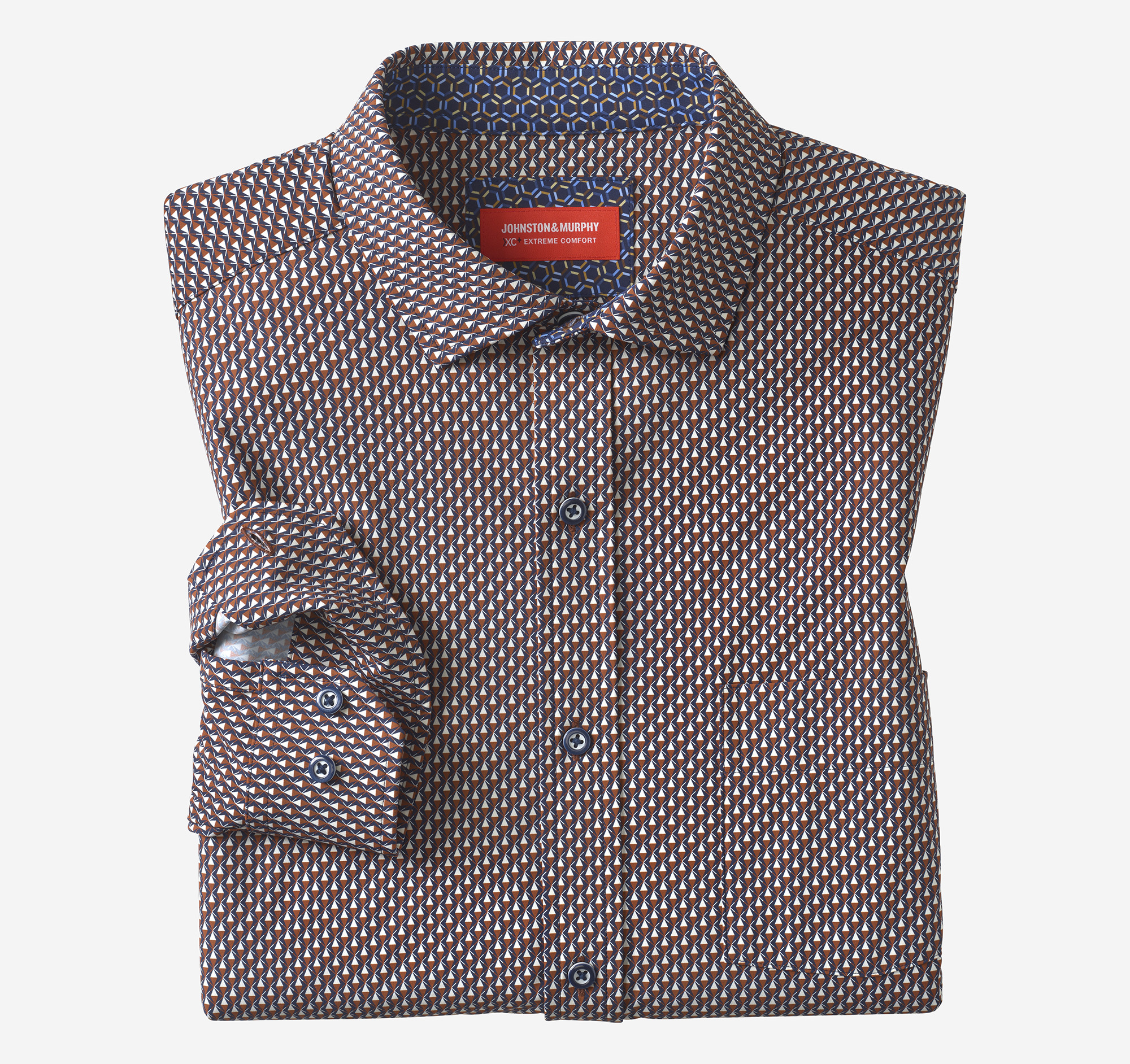 Johnston & Murphy Men's XC Motion Long-Sleeve Print Knit Shirt - Rust/Navy Stacked Triangle - Size 3XL - Regular