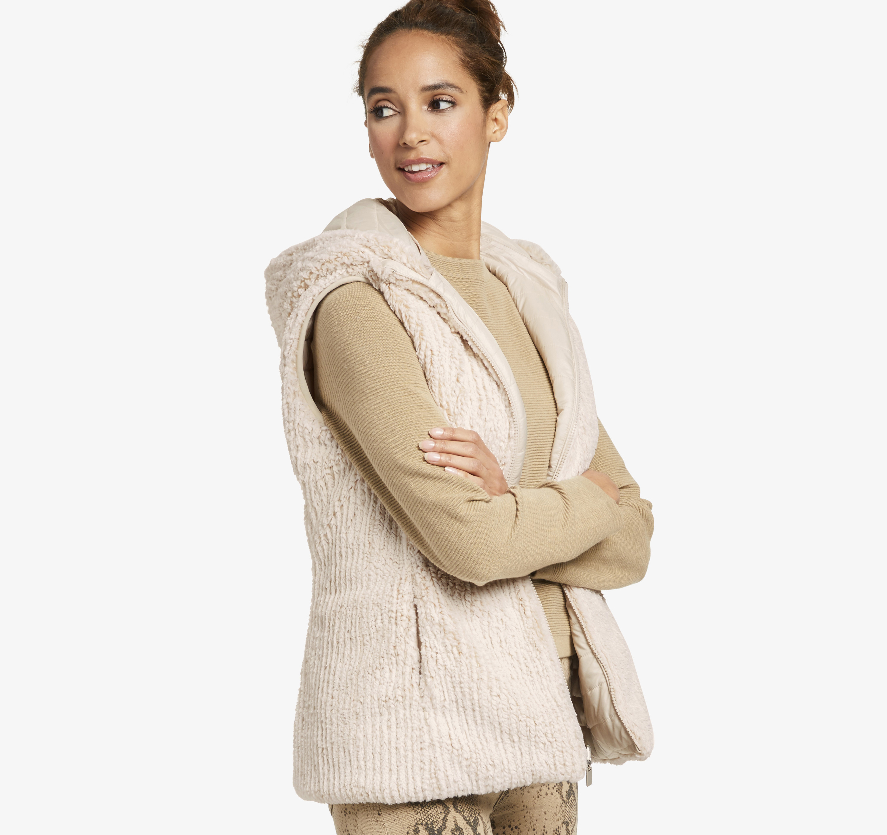 Image of Johnston & Murphy Women's Reversible Faux-Fur Hooded Vest - Cream - Size M