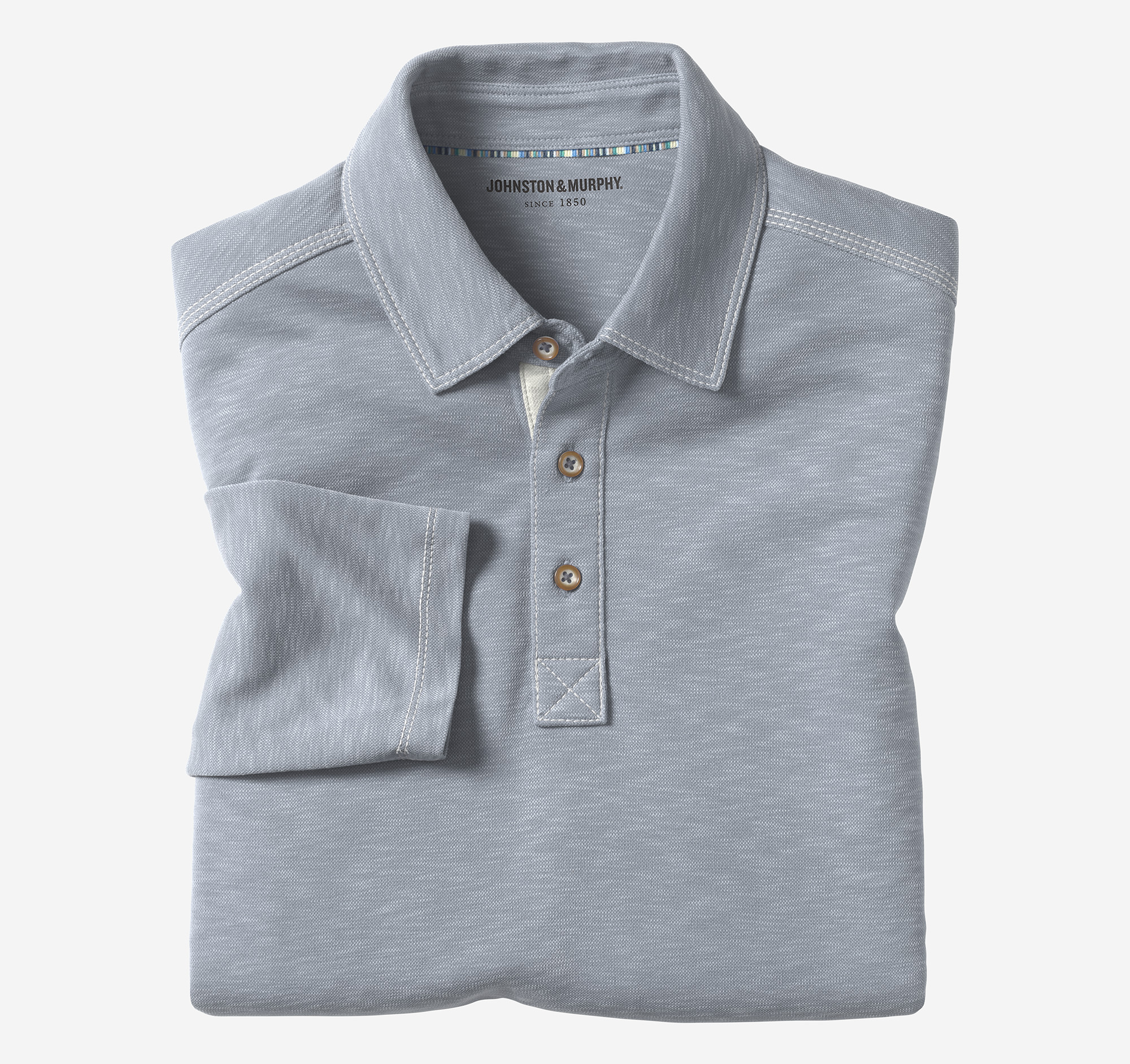 Men's Vintage Slub Long-Sleeve Polo in Dusty Blue Johnston Murphy