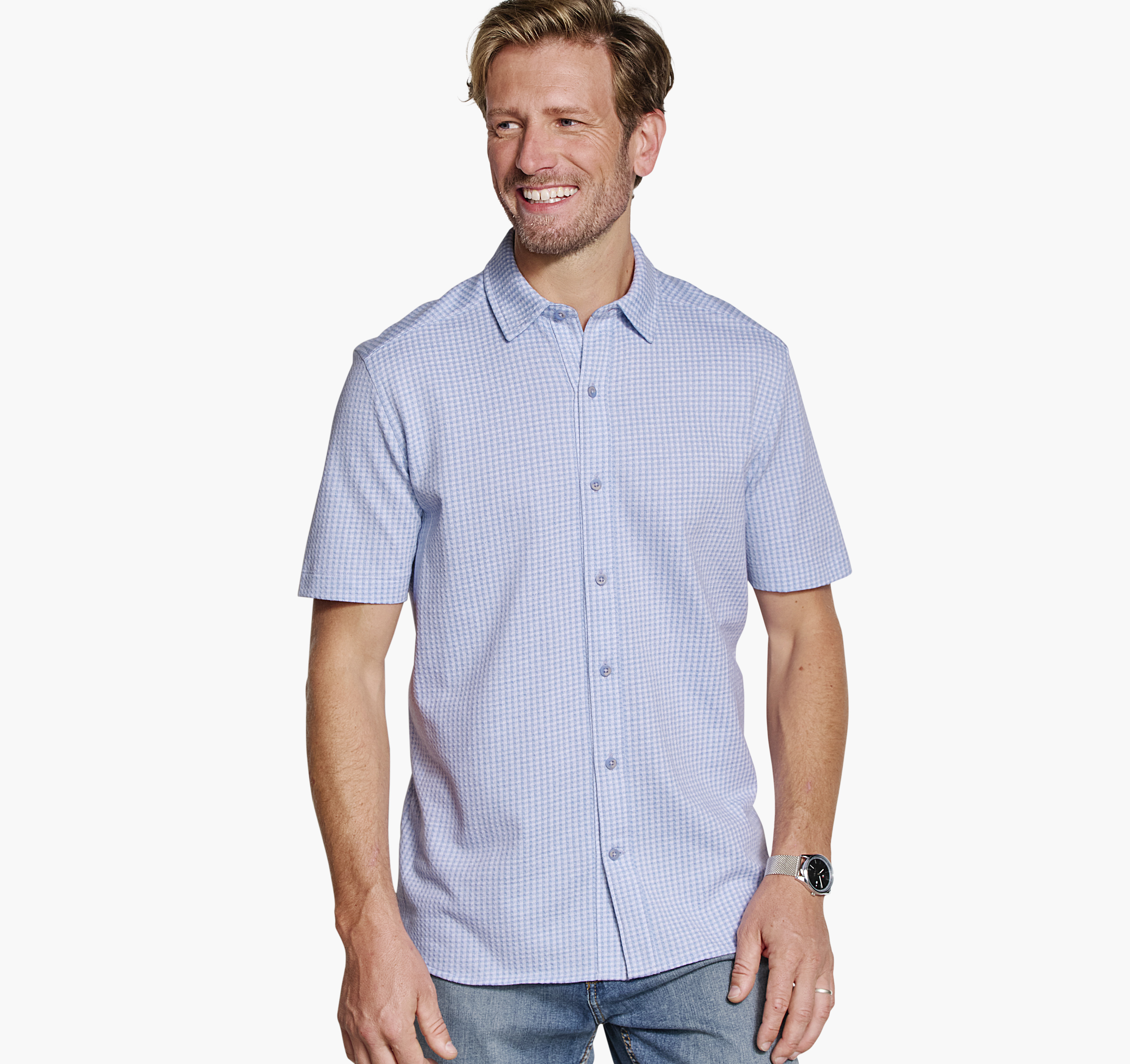 Johnston & Murphy Men's Bennett Short-Sleeve Shirt - Light Blue Gingham - Size 2XL - Regular