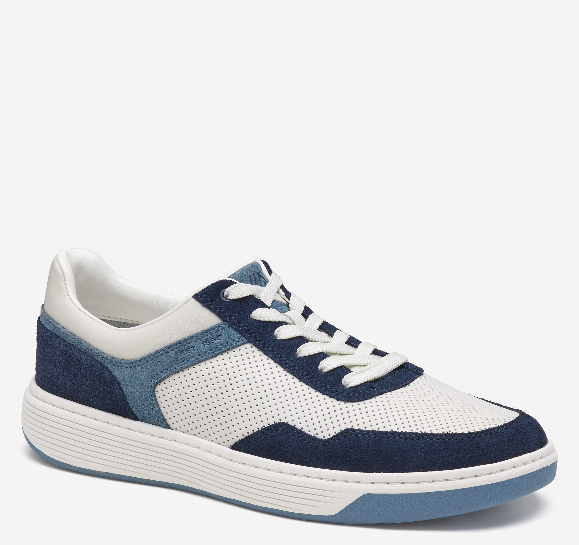 Johnston & Murphy Men's Dawson Moc Toe U-Throat - White Full Grain Leather/Blue/Navy Suede - Size 14 - M